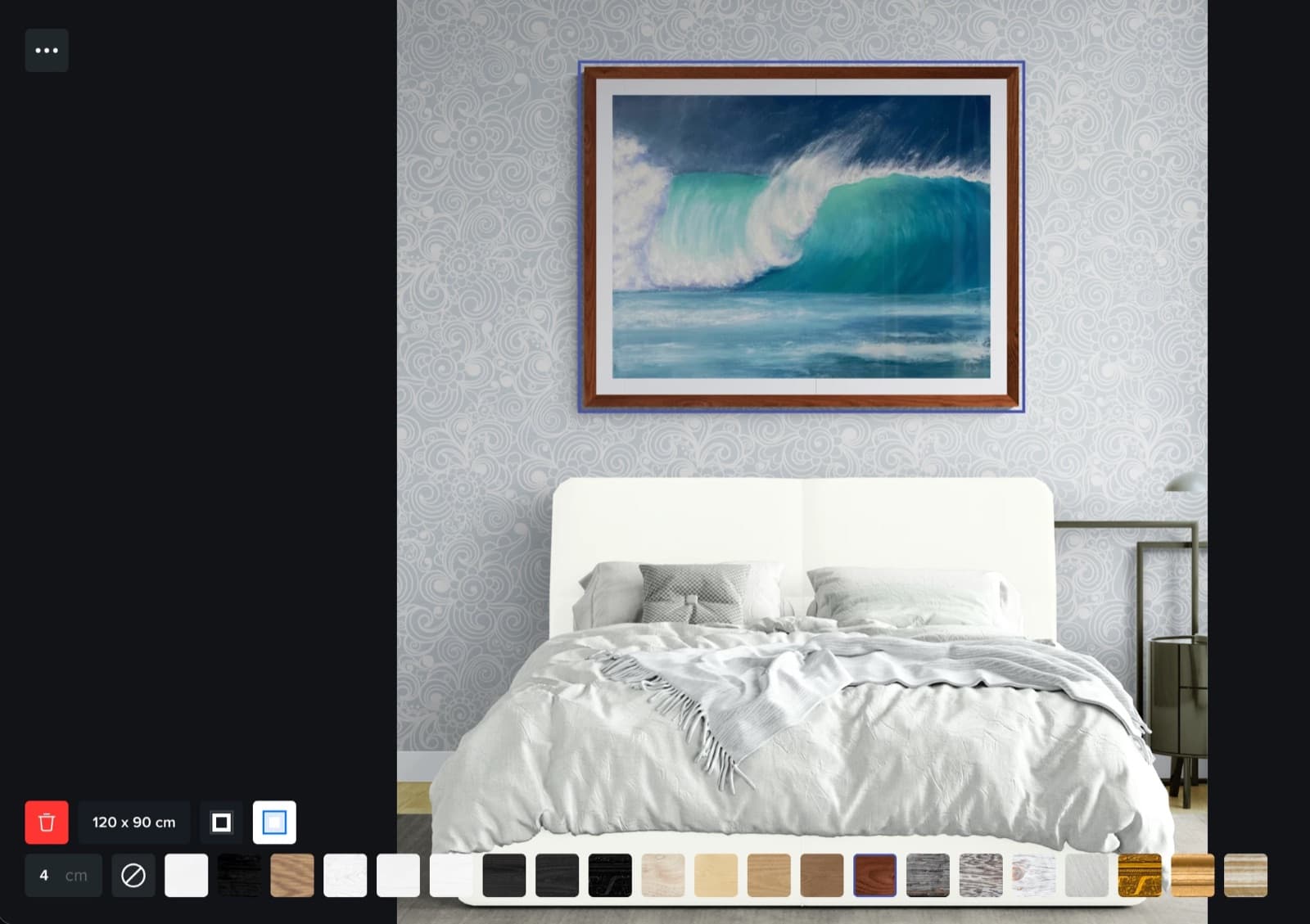 Original Canvy editor with frame finish swatches, a 4 cm frame width, and mat toggle under a framed painting above a bed