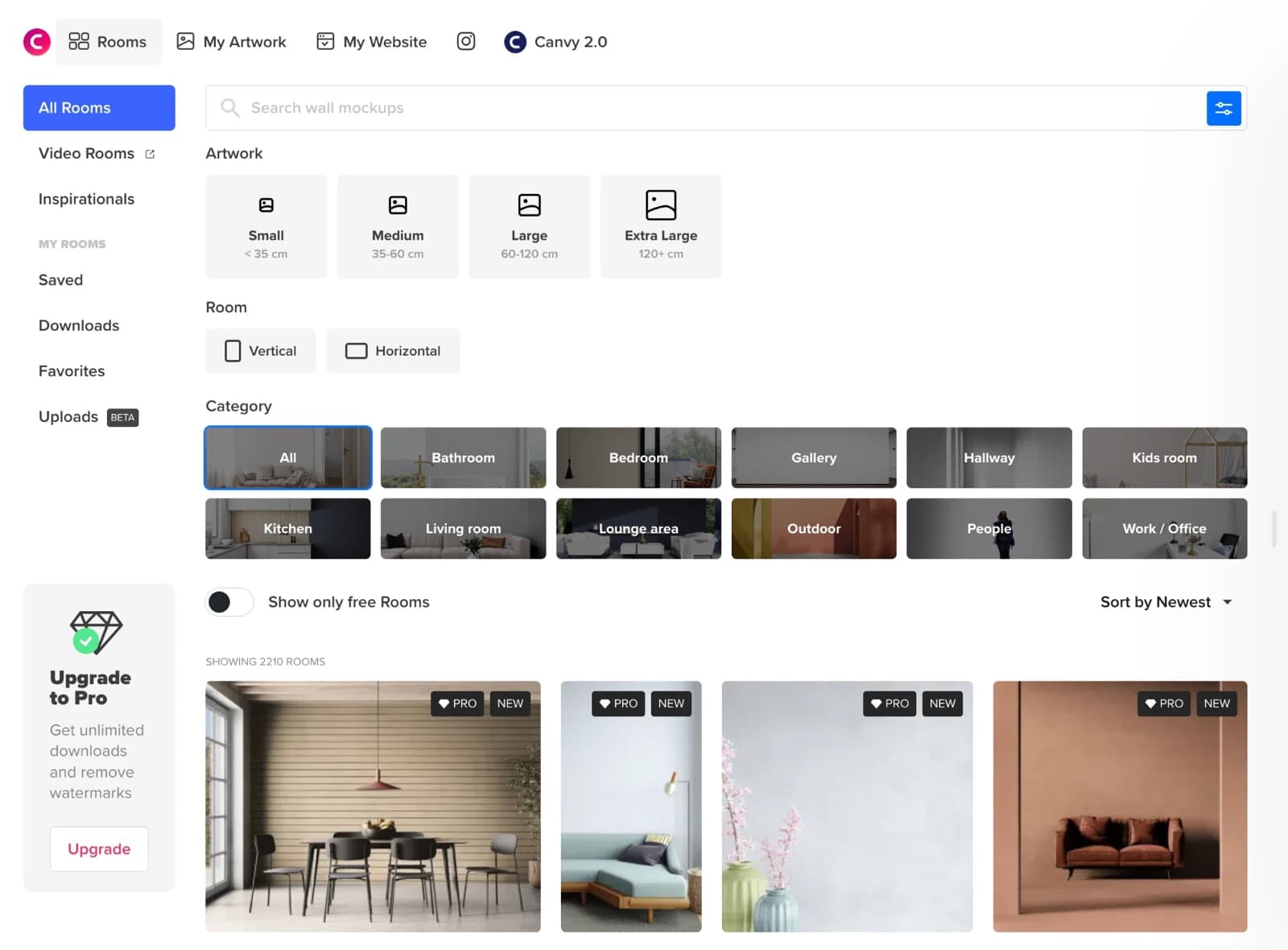 Canvy room library showing 2,210 rooms with filters for artwork size, room orientation, and category