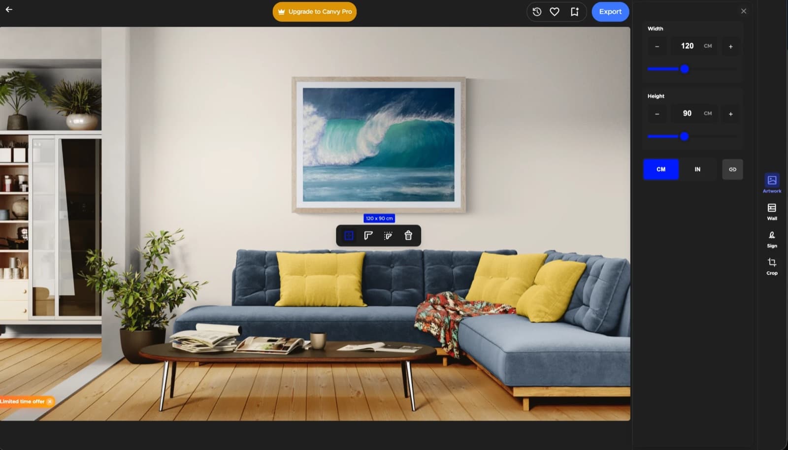 Canvy 2.0 editor with a 120 by 90 cm framed wave painting above a blue sofa and the width and height panel