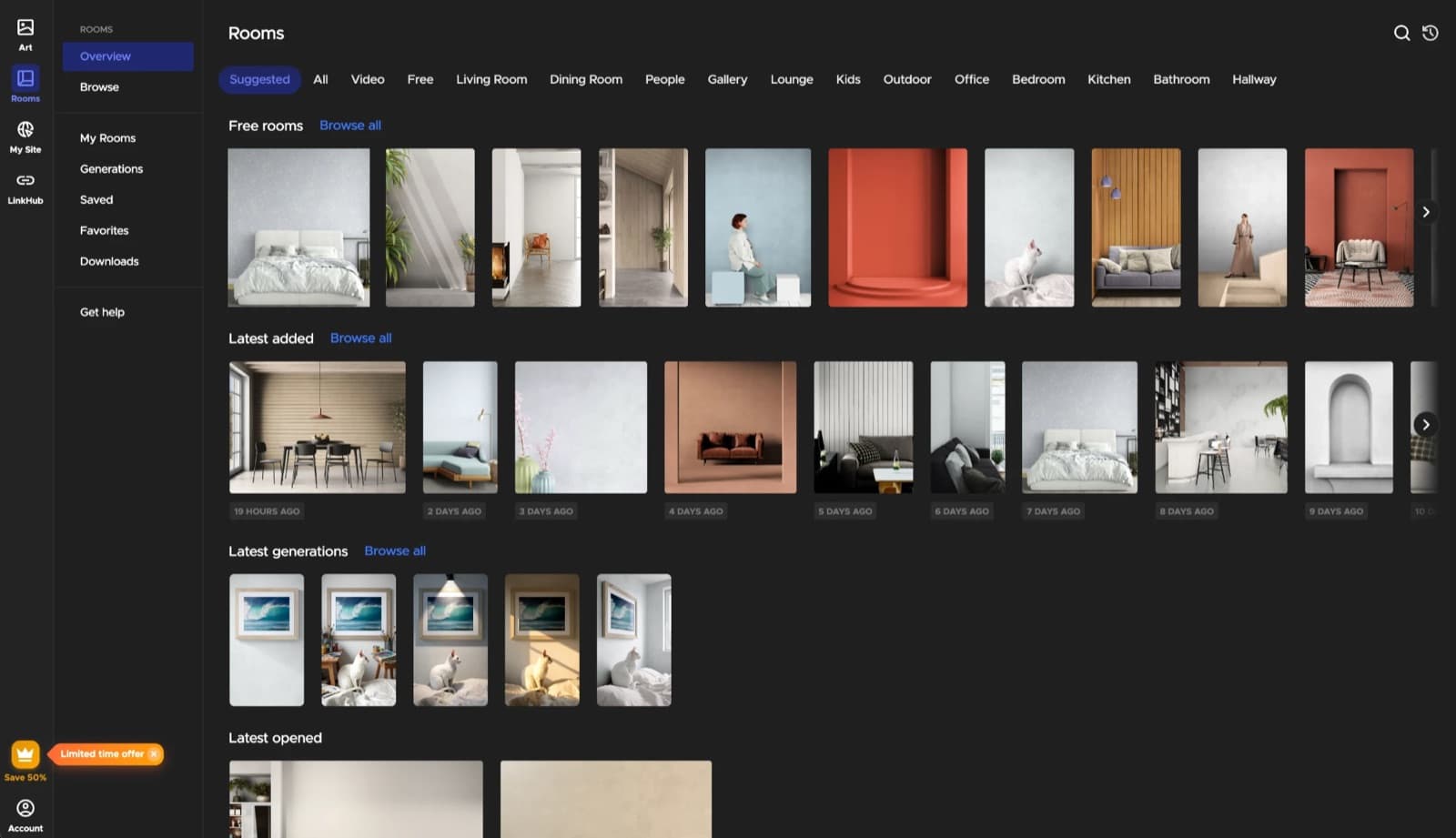 Canvy 2.0 rooms overview with free rooms, latest added rooms, and AI generations
