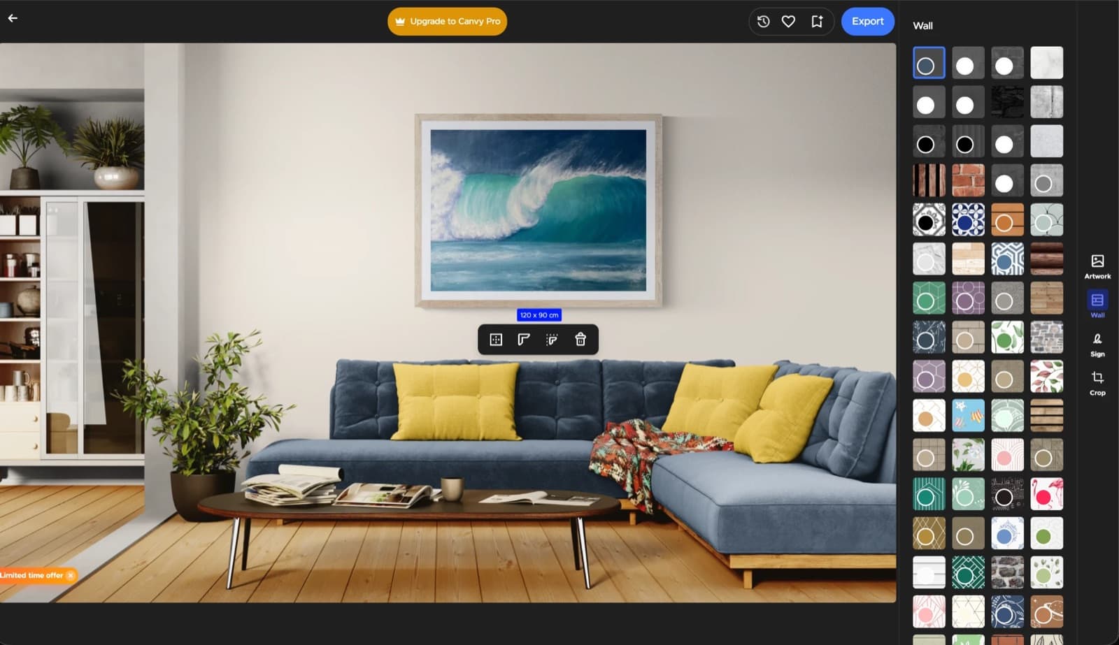 Canvy 2.0 wall panel with paint colors, brick, wood, and patterned wallpapers
