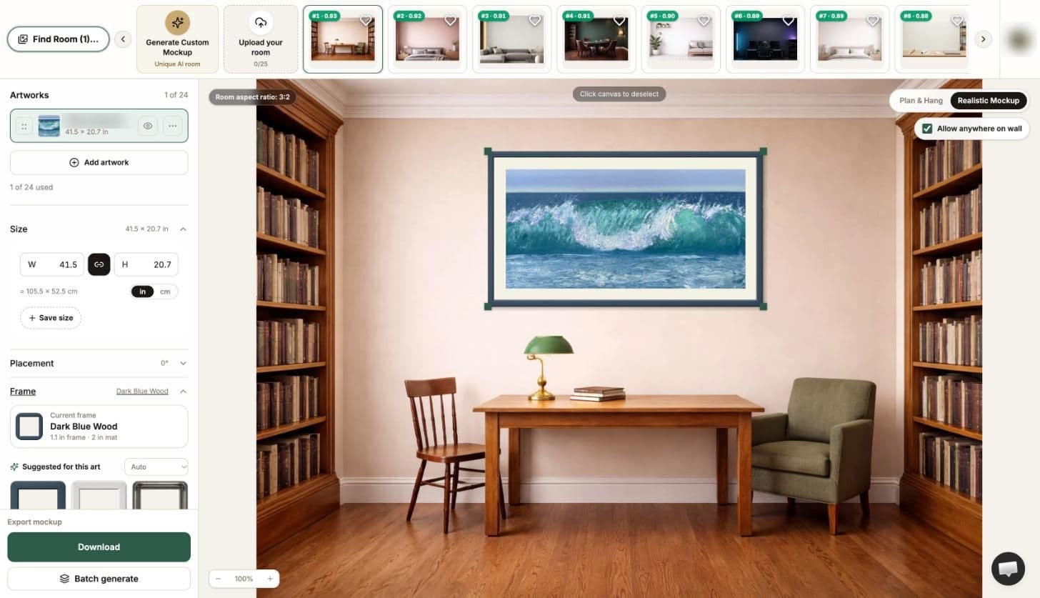 WallMockup editor with a framed wave painting in a library room, the size panel set to 41.5 by 20.7 inches, and the frame panel open