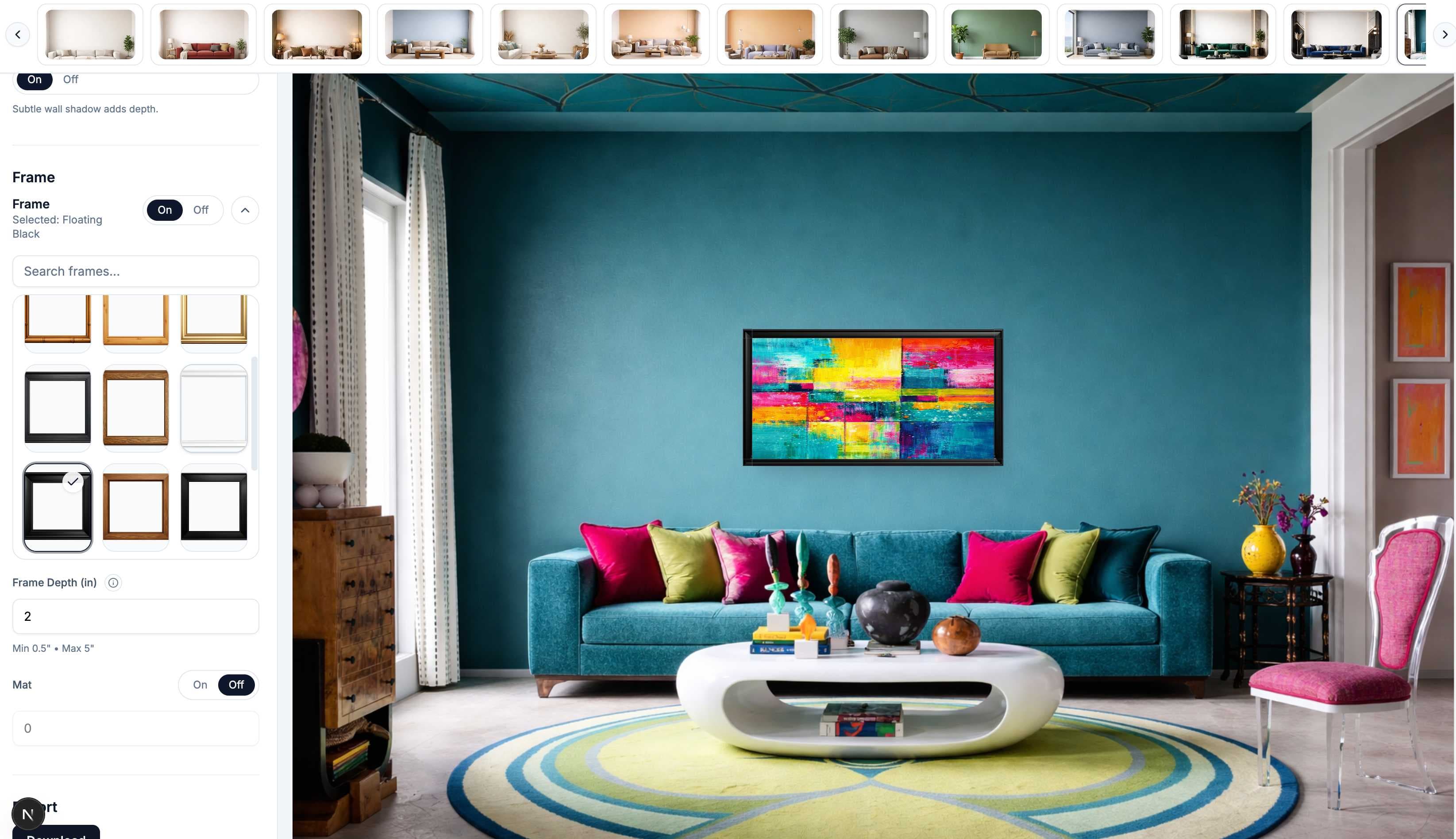 Adjust print size and frame style in the wall art mockup editor