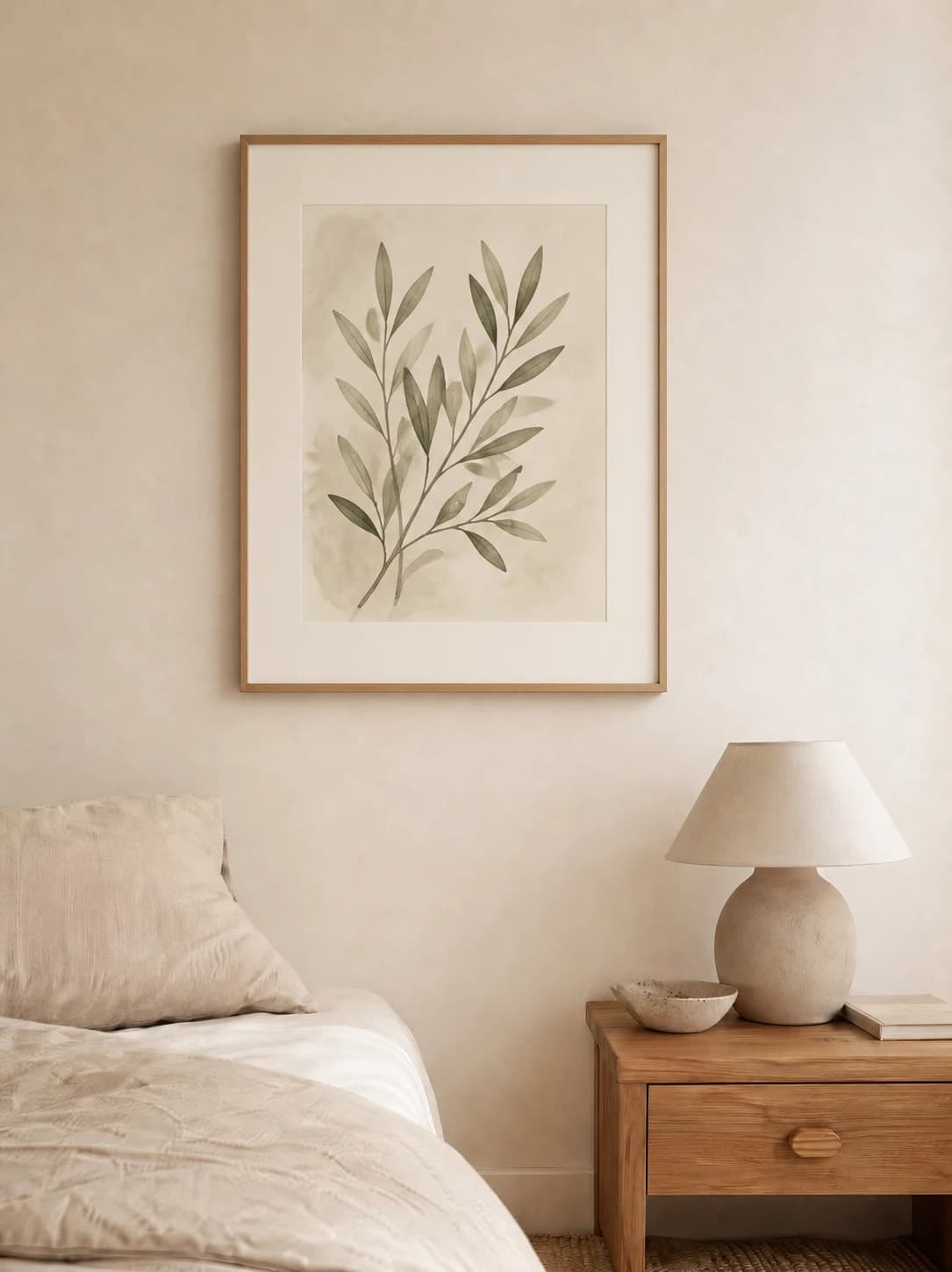 Botanical art print mockup in a natural wood frame beside a linen bed