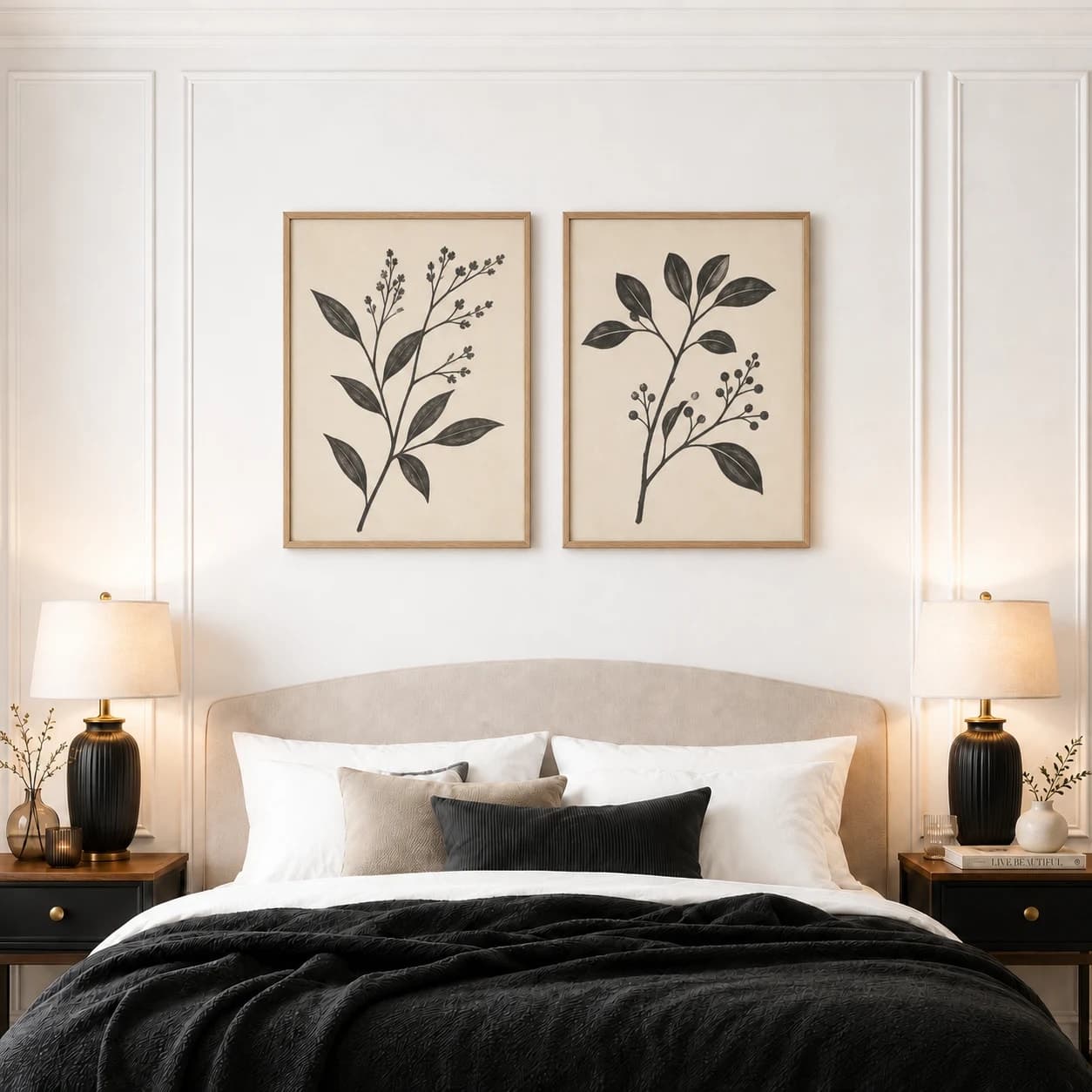 Coordinated charcoal botanical print pair in oak frames above a paneled bedroom headboard