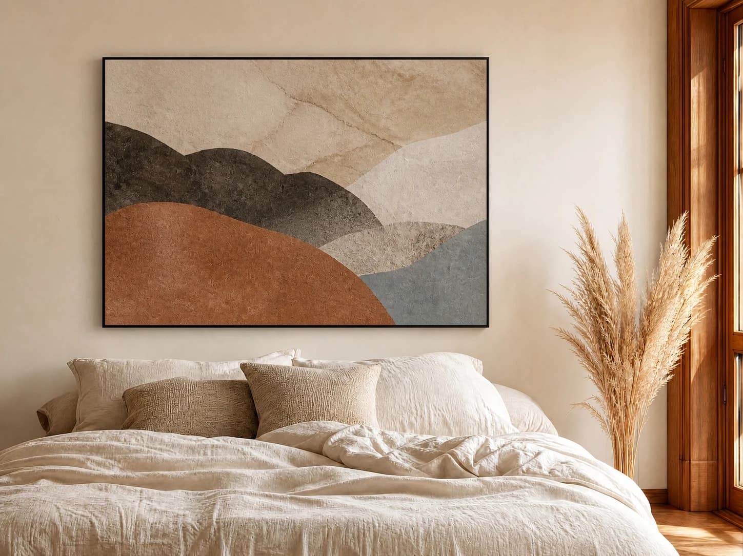 Large mineral abstract in a thin black frame centered above a warm neutral bed