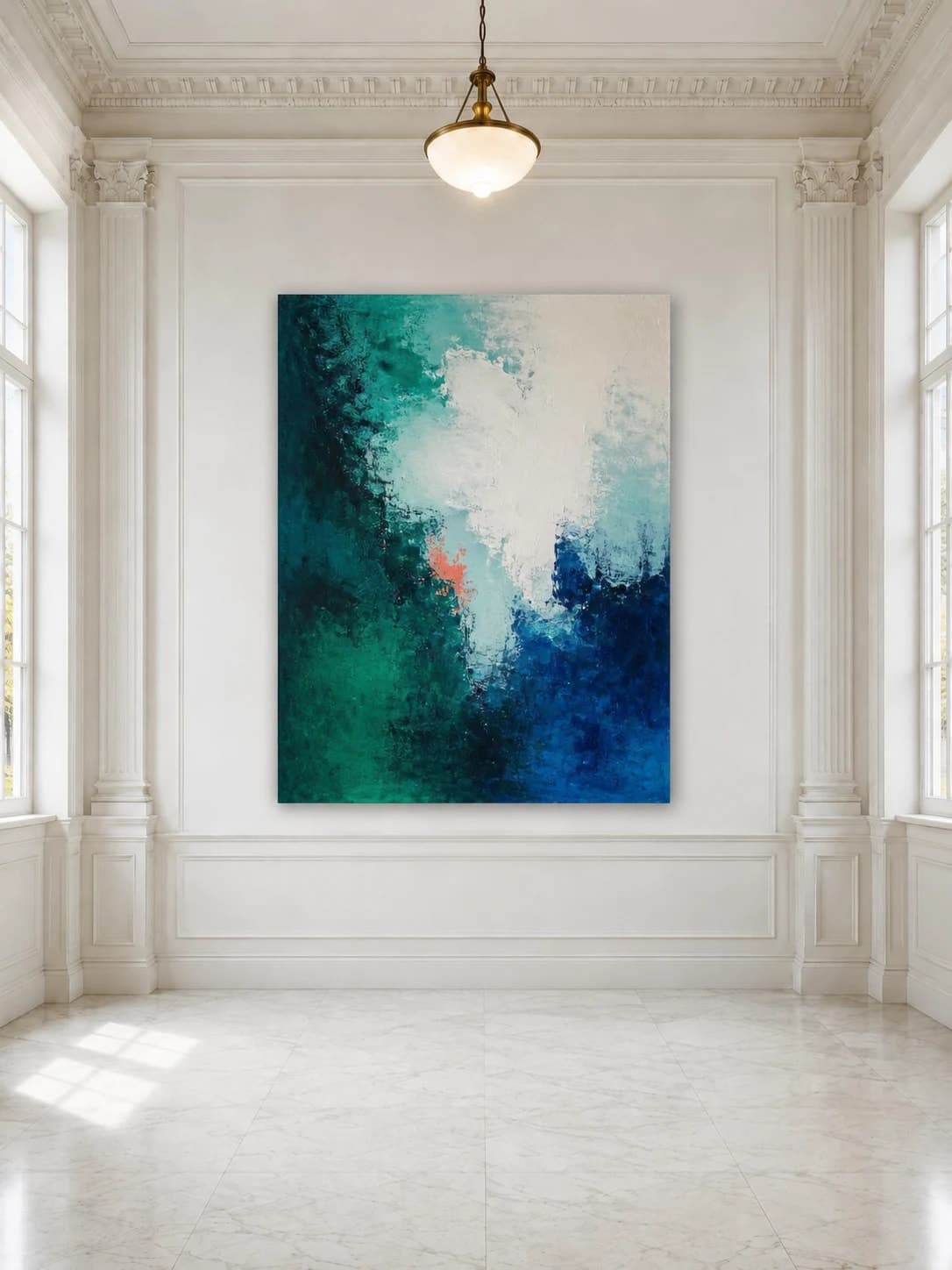 Large frameless emerald and blue canvas in a neoclassical gallery