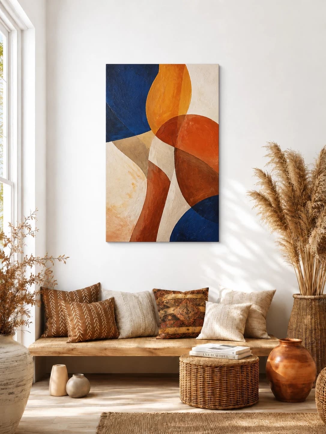 Unframed cobalt and terracotta portrait canvas above a bohemian living-room bench