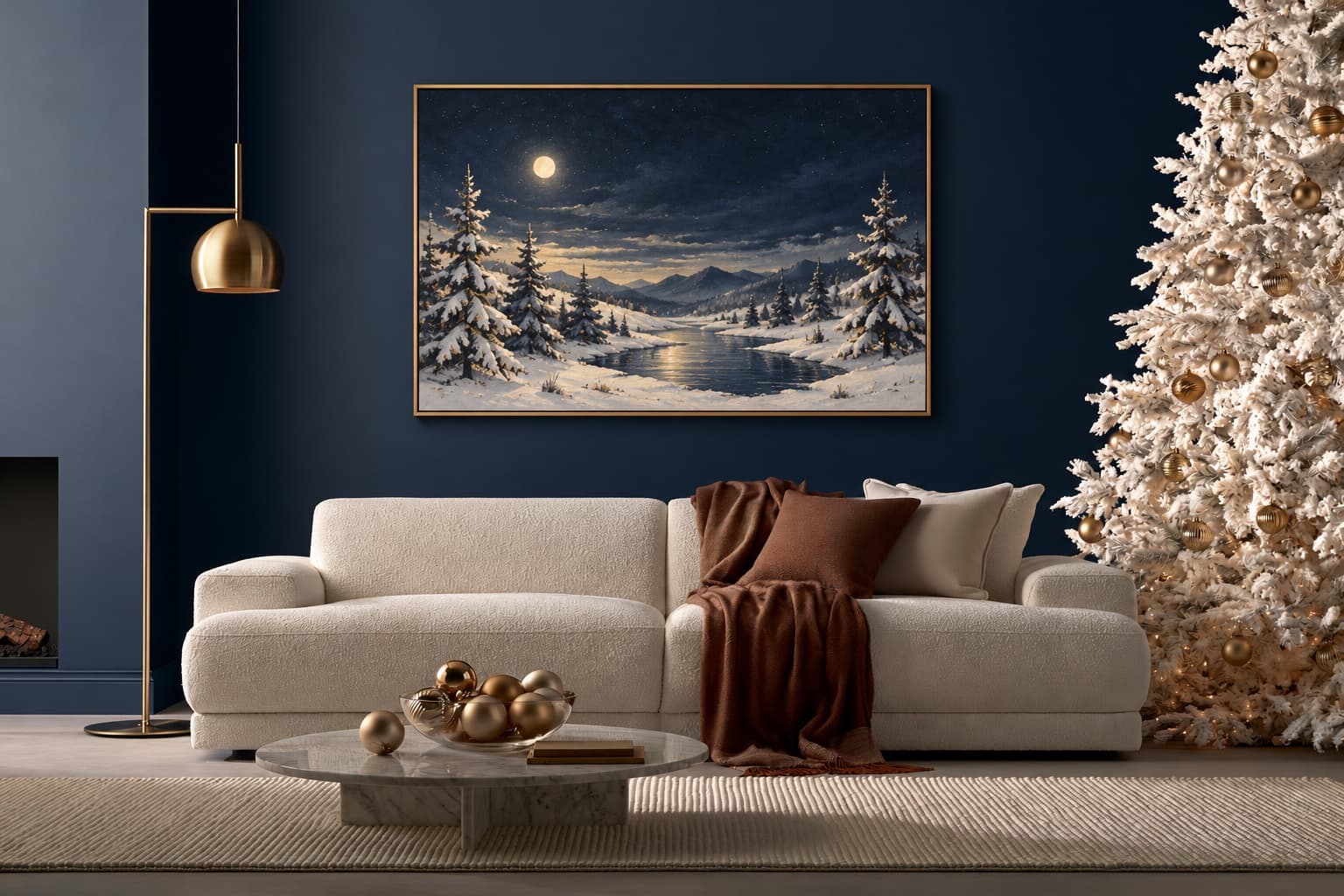 Snowy winter landscape in a brass frame above a cream sofa on a navy Christmas living-room wall