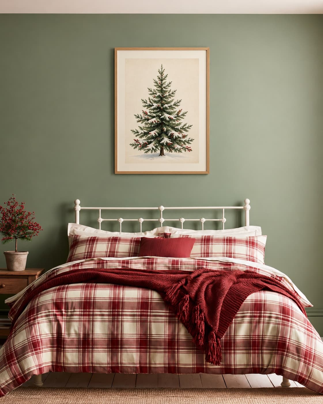 Christmas tree illustration in an oak frame above a white iron bed on a sage bedroom wall