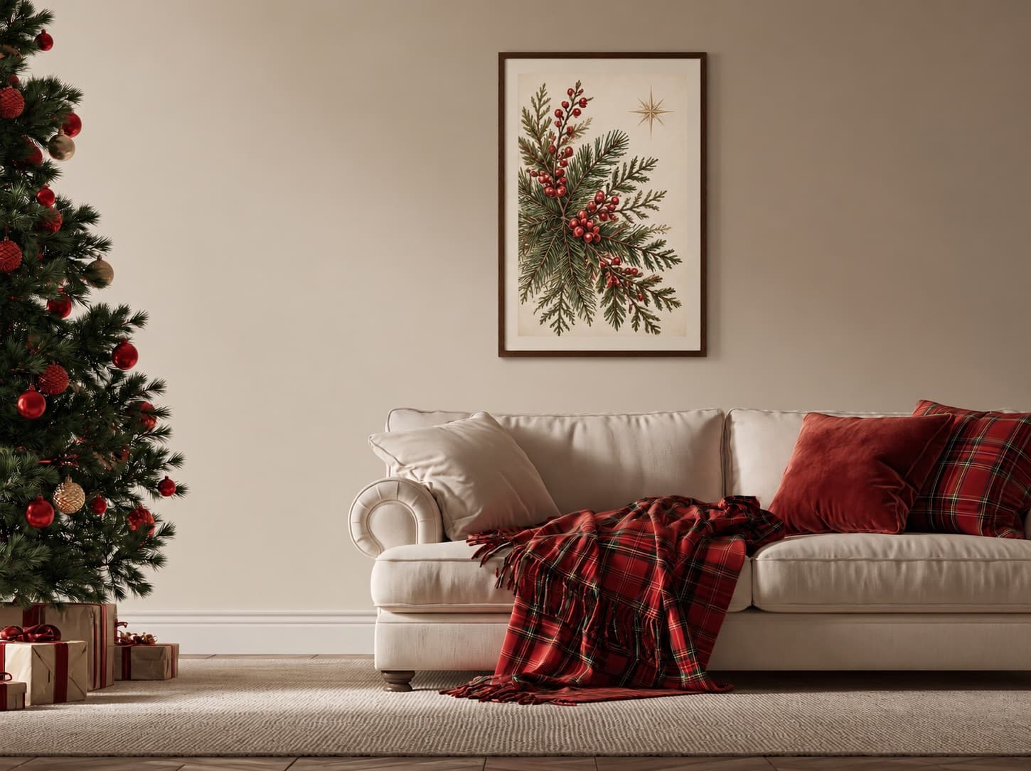 Christmas botanical print with evergreen boughs and red berries in a walnut frame above a cream sofa