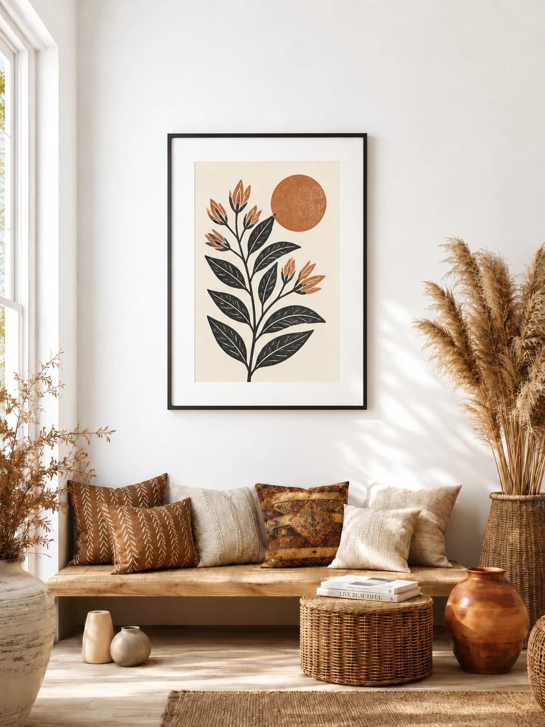 Botanical print in a black frame and white mat above a bohemian living-room bench