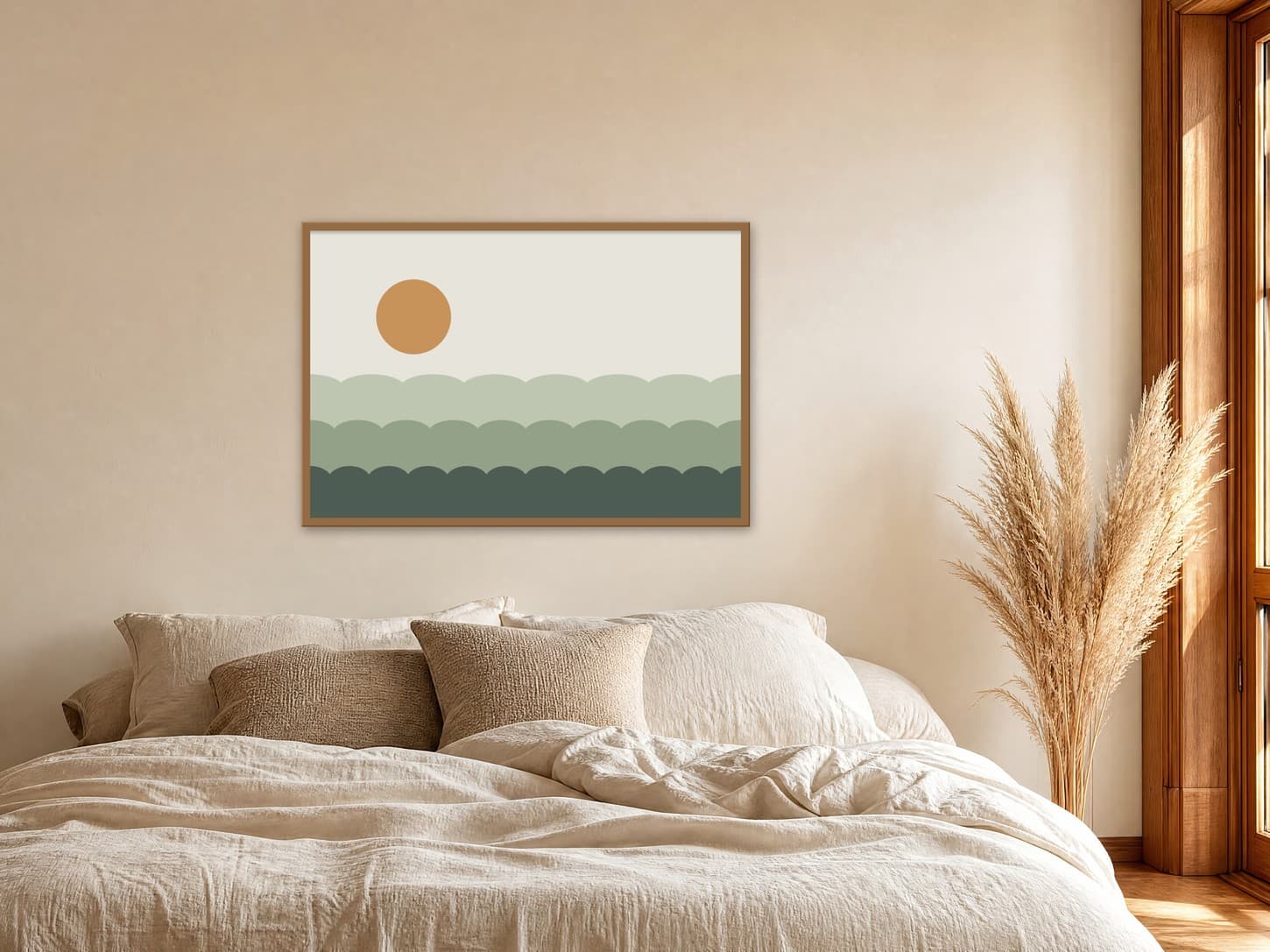 Large sage and ochre coastal landscape poster in an oak frame centered above a linen bed