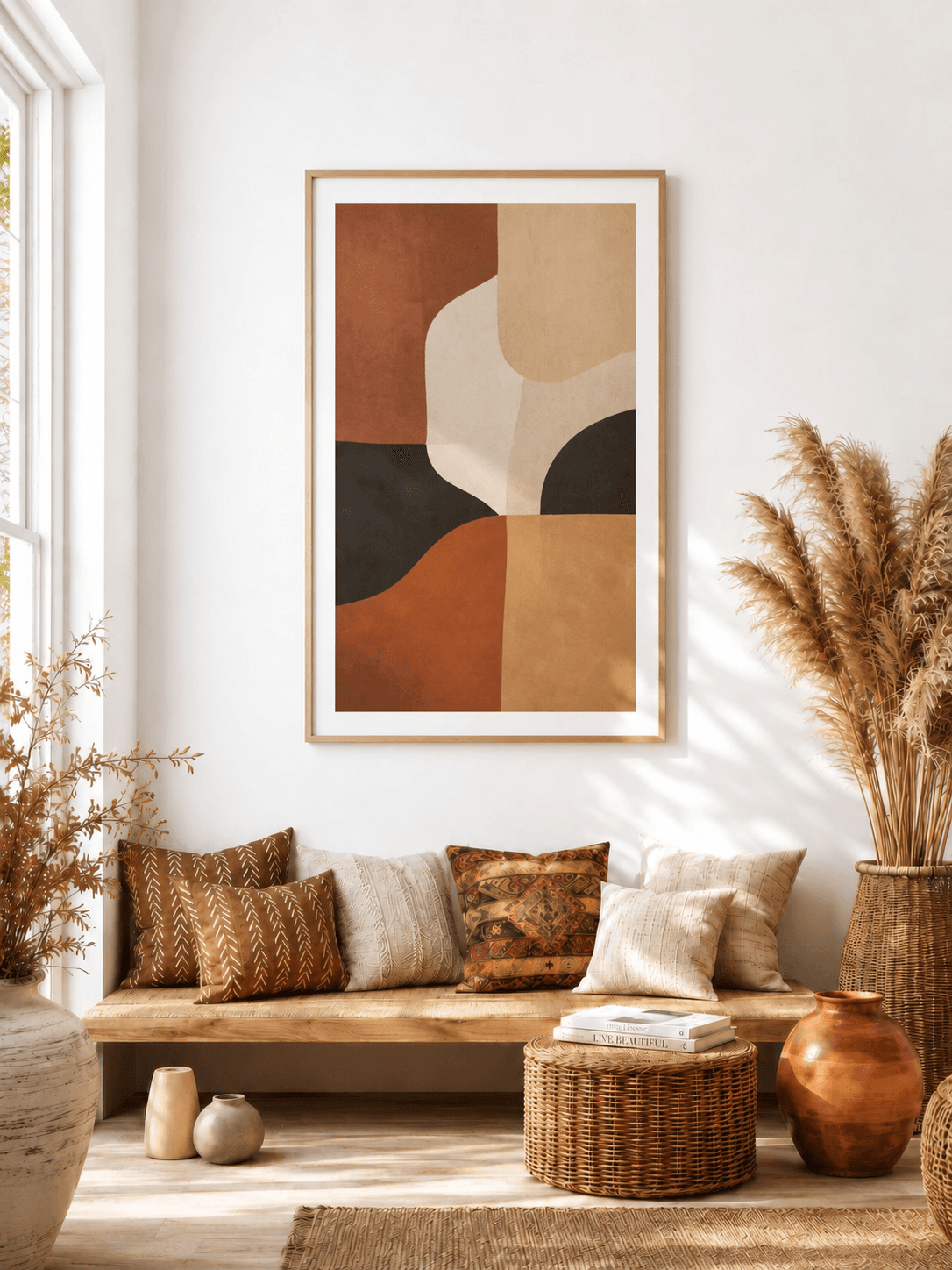 Terracotta abstract art in a natural oak frame above a bohemian living-room bench