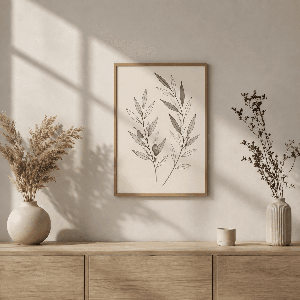 Minimal botanical print in an oak frame above a sunlit Scandinavian console