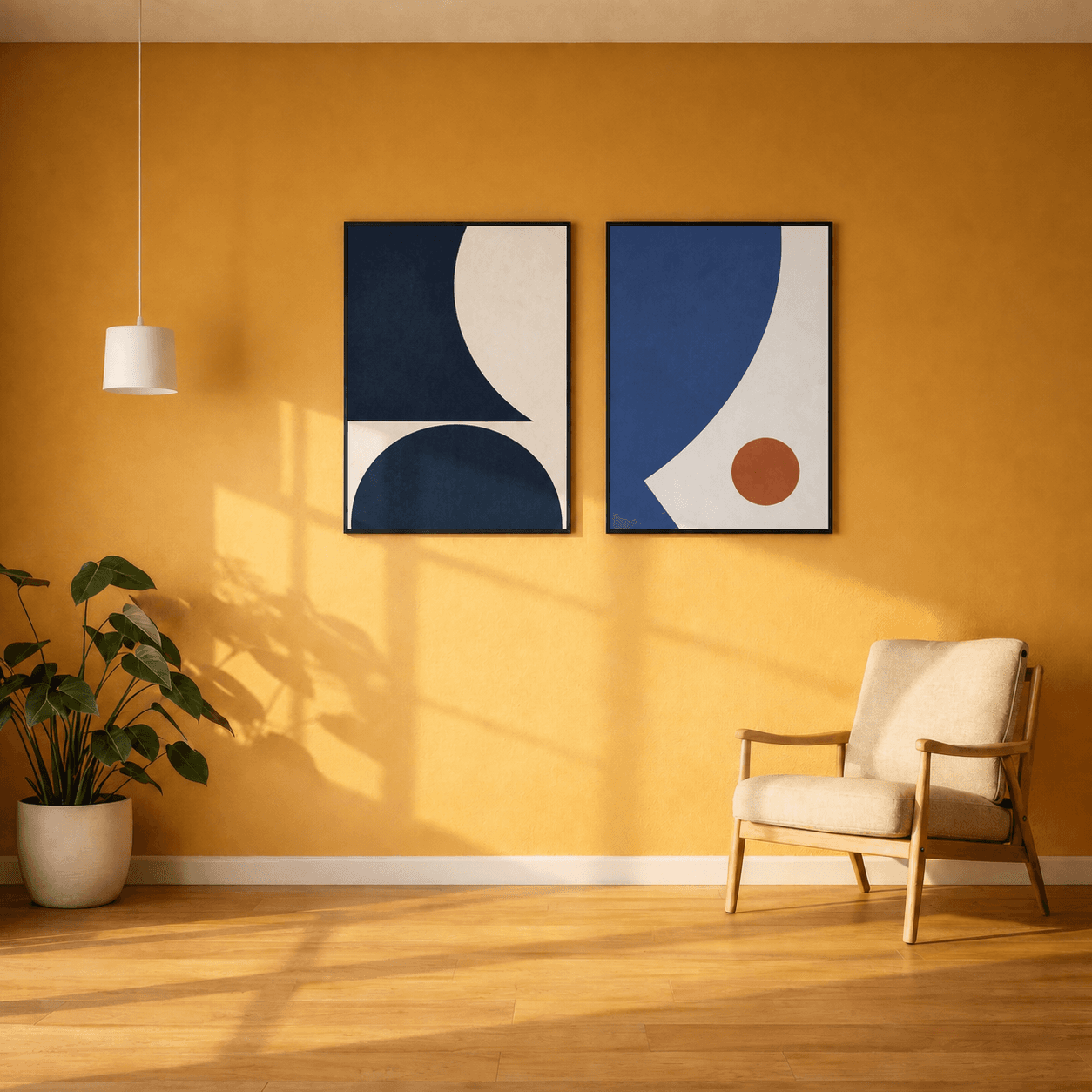 Pair of navy geometric prints in black frames on a warm yellow living-room wall