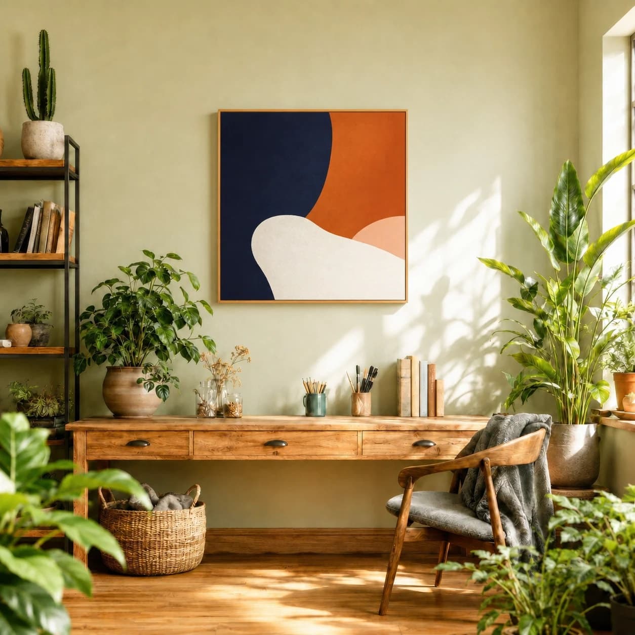 Square navy and orange abstract in an oak frame above a plant-filled sage office