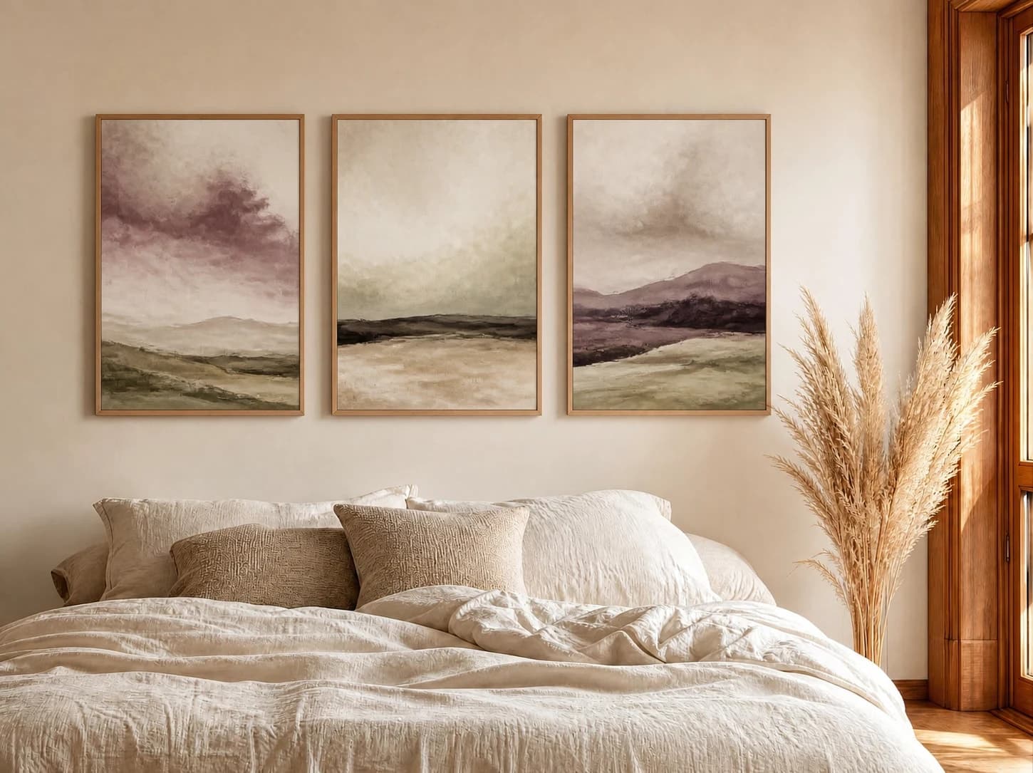 Three coordinated muted landscape prints in oak frames above a warm neutral bed