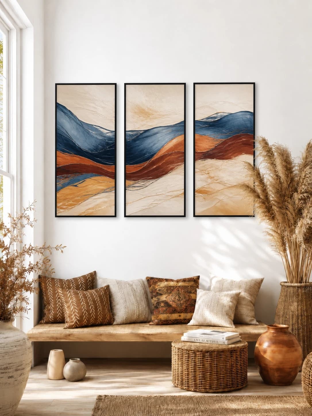 Continuous blue and rust abstract triptych in black frames above a bohemian bench