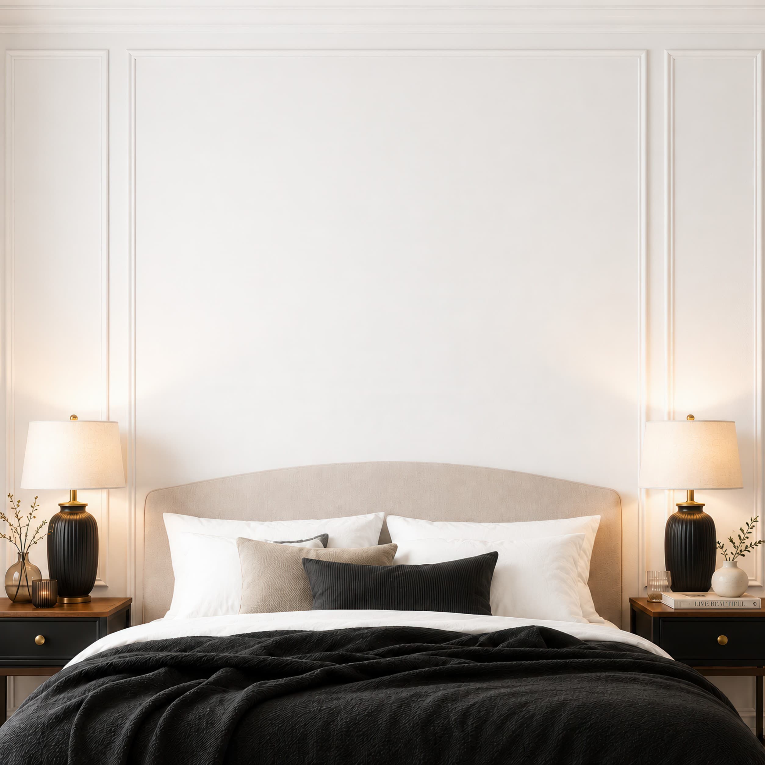Elegant symmetrical bedroom with a clean white paneled wall above a beige upholstered bed and dark bedding, ranked 19 among triptych mockups