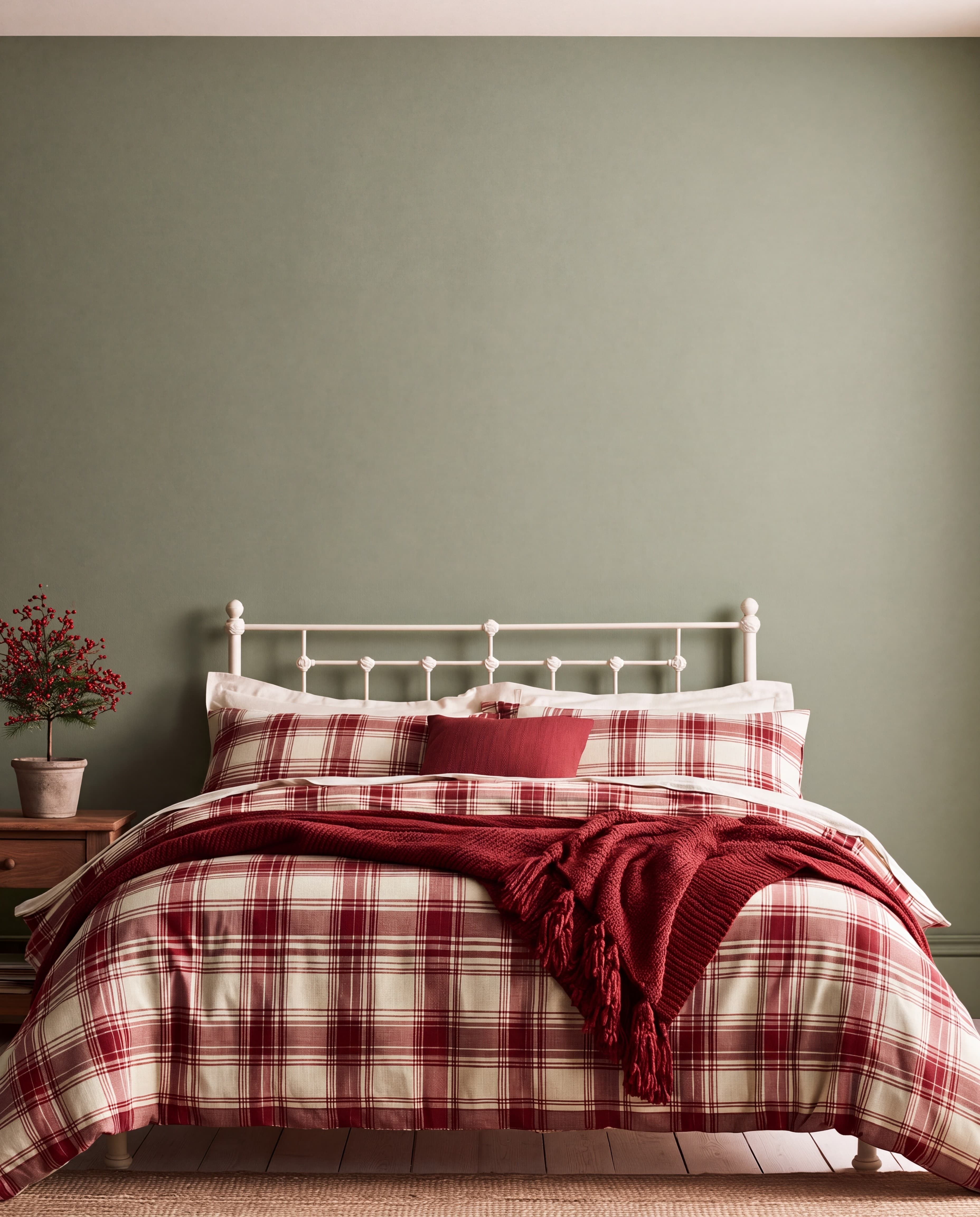 Cottage Christmas bedroom with a muted sage wall, white iron bed, red plaid bedding, and berry tree, ranked 3 among christmas mockups