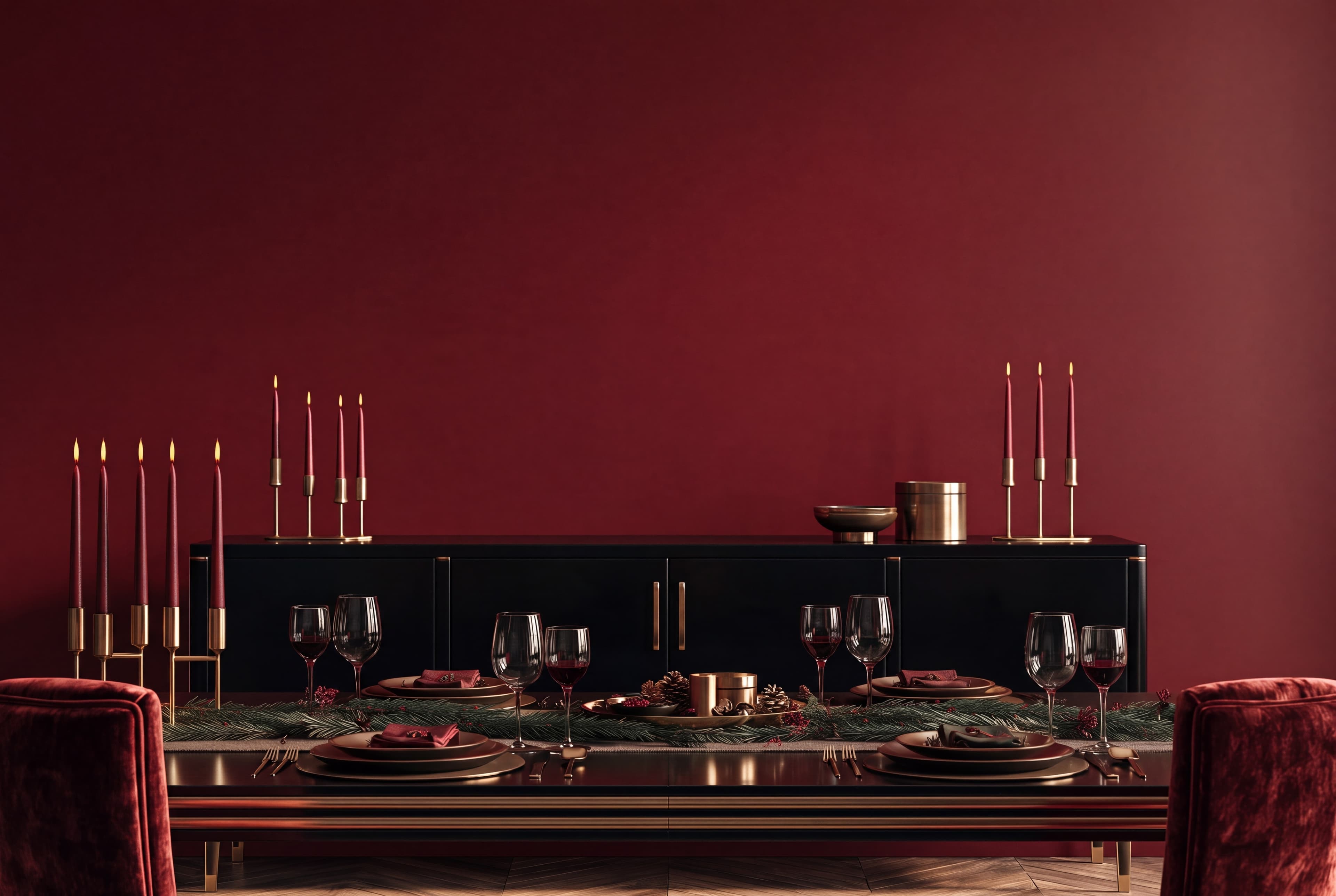 Art Deco Christmas dining room with a deep burgundy wall, black lacquer buffet, brass candles, and festive table, ranked 4 among art deco mockups