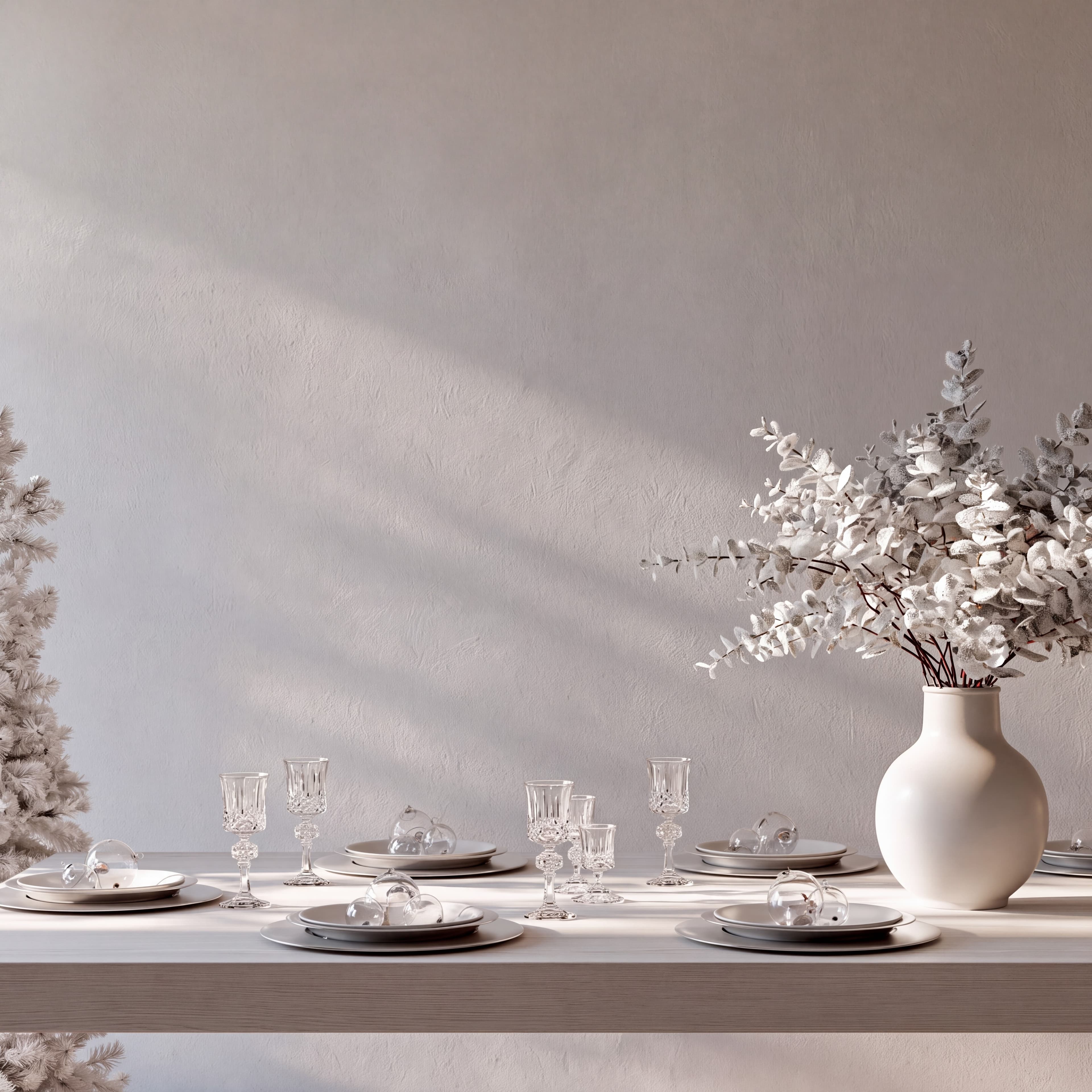 Winter white Christmas dining room with a pale silver gray plaster wall, crystal glassware, and frosted eucalyptus, ranked 11 among christmas mockups