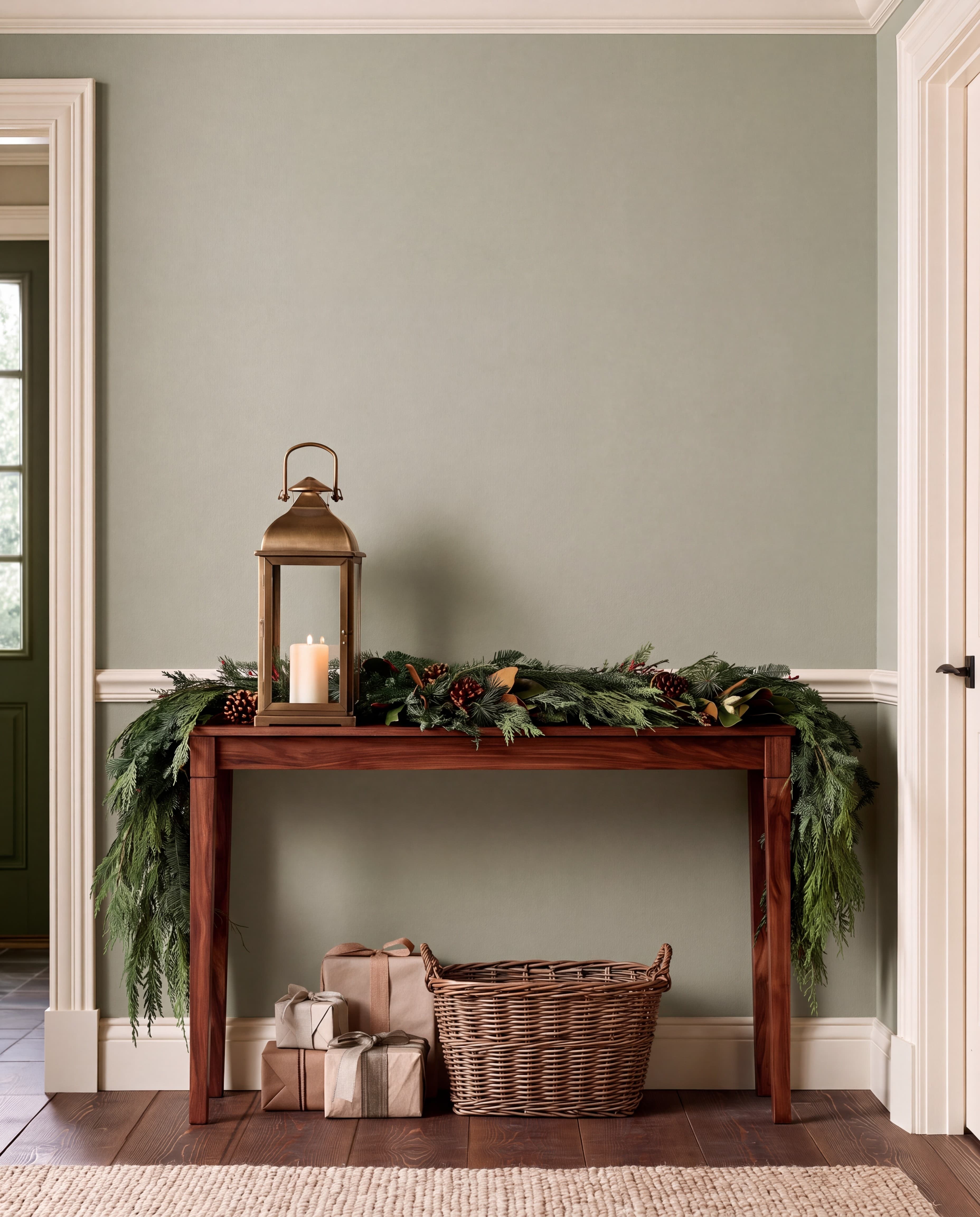 Classic Christmas entryway with a pale sage wall, walnut console, cedar garland, and brass lantern, ranked 20 among 11x17 poster mockups