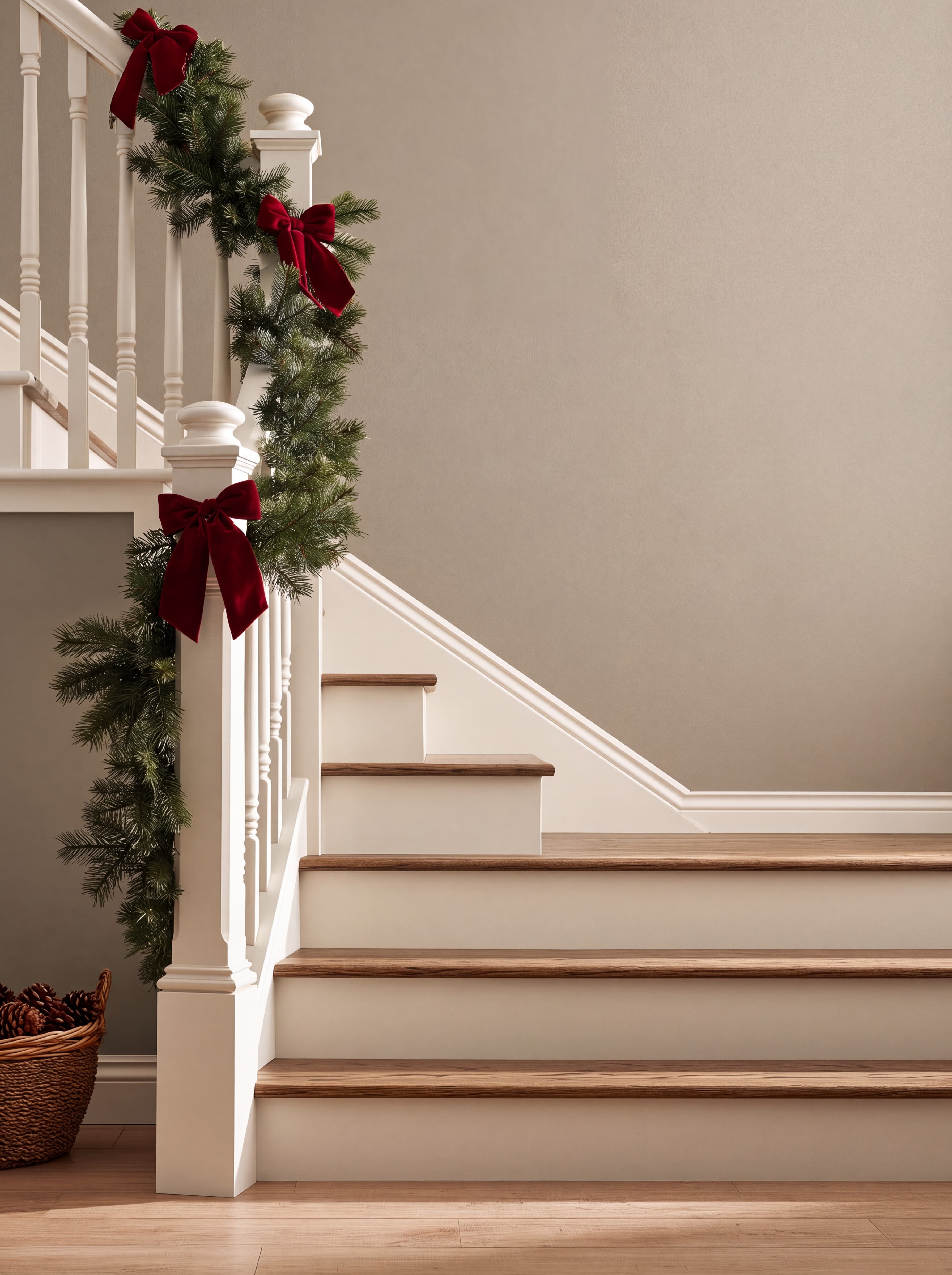 Farmhouse Christmas staircase with a warm greige wall, white banister, pine garland, and red velvet bows, ranked 9 among christmas mockups