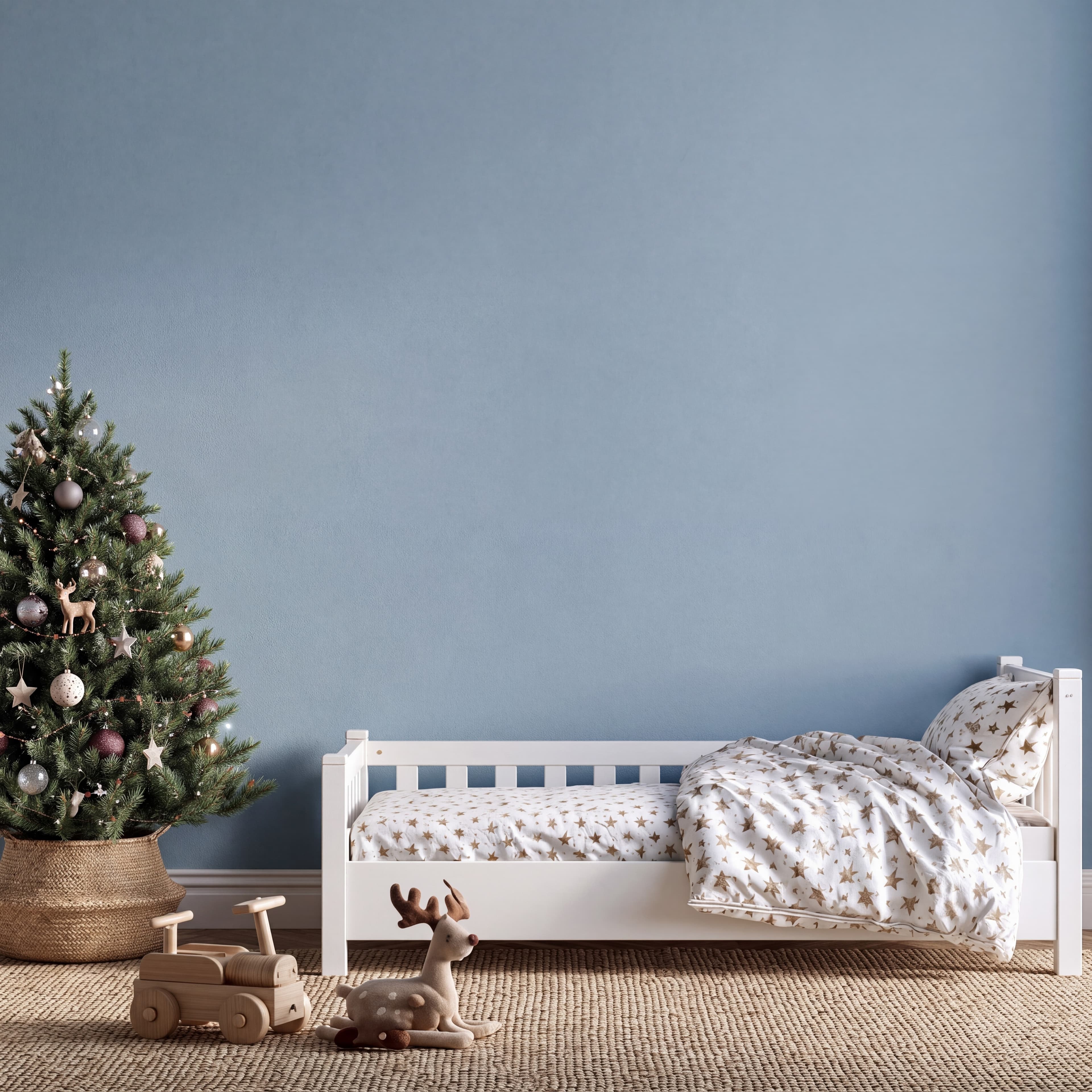 Scandinavian Christmas kids room with a powder blue wall, white toddler bed, star bedding, and wooden toys, ranked 21 among christmas mockups