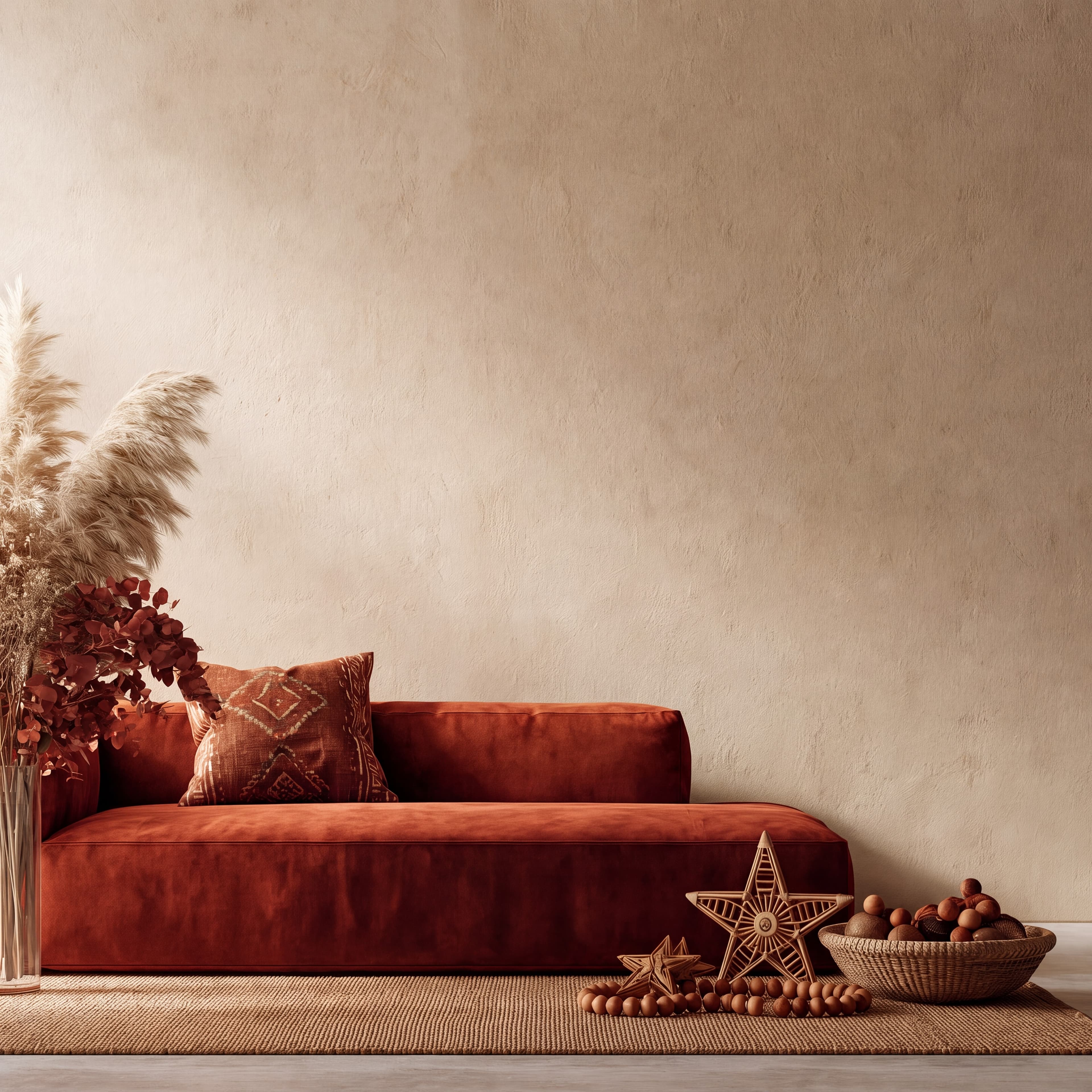 Bohemian Christmas living room with a sand beige plaster wall, terracotta velvet sofa, pampas grass, and rattan star, ranked 18 among christmas mockups