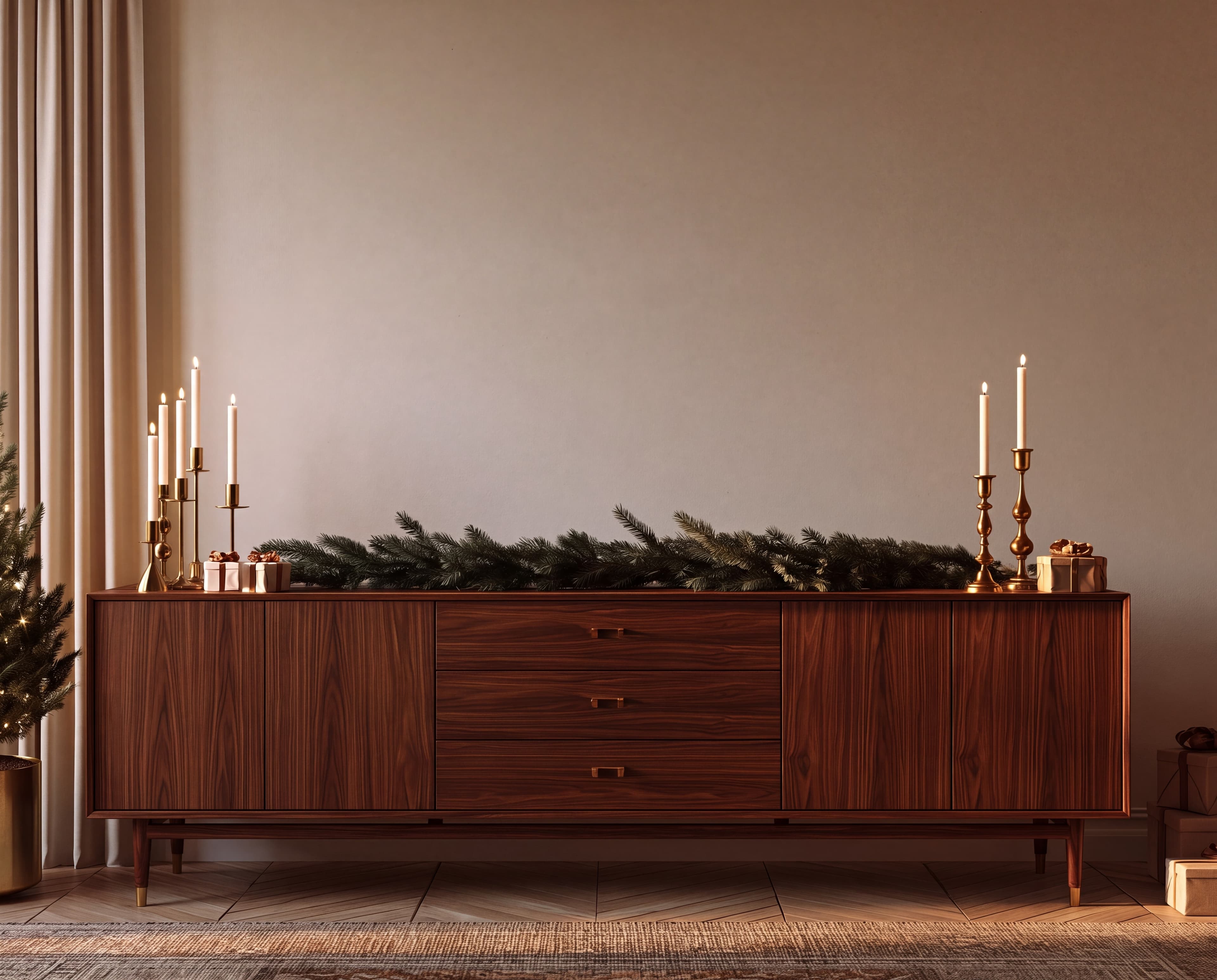 Classic Christmas living room with a warm ivory wall above a long walnut sideboard, cedar garland, and brass candlesticks, ranked 4 among christmas mockups