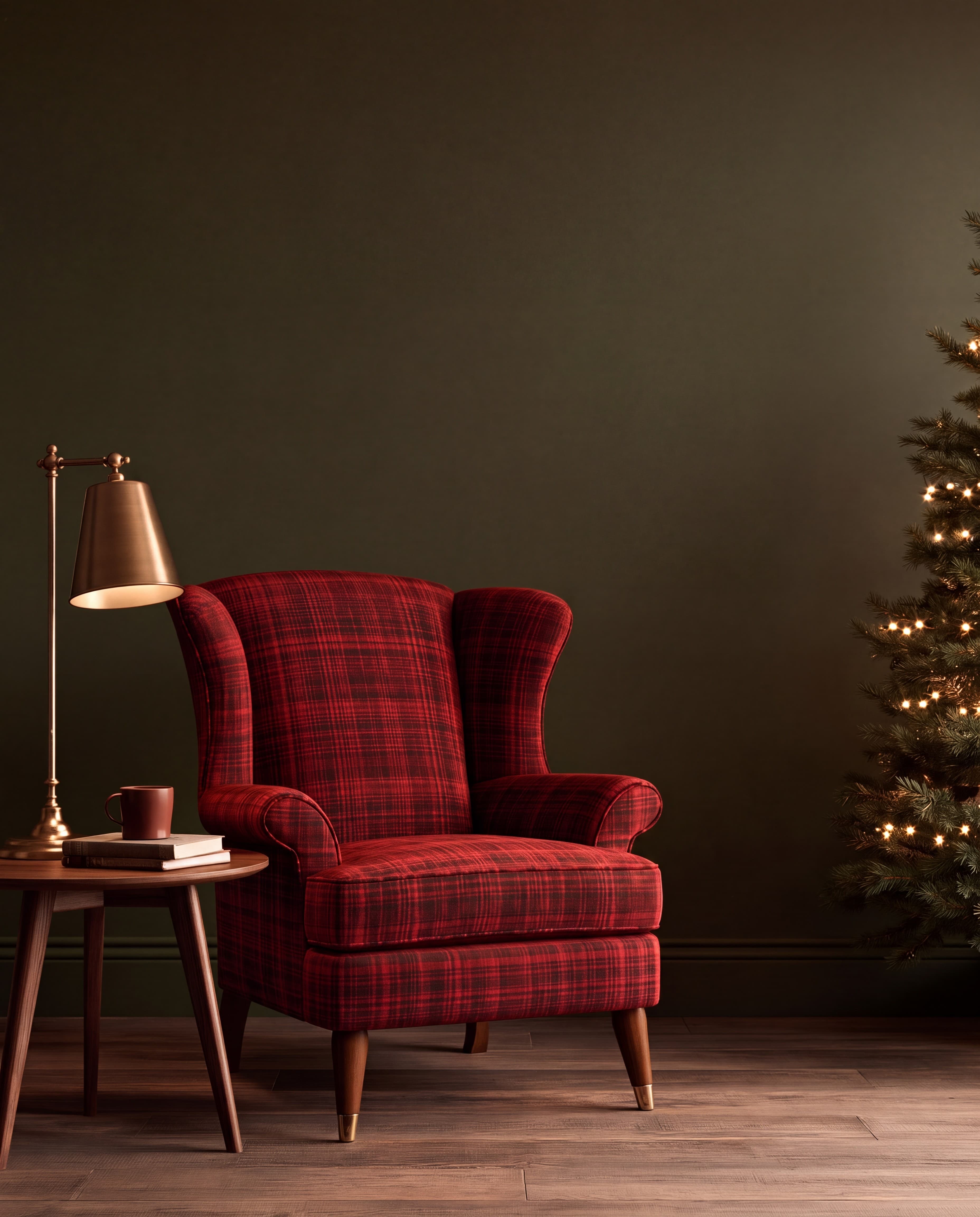 Cozy Christmas evening reading corner with a deep olive wall, red tartan wingback chair, brass lamp, and lit tree, ranked 6 among christmas mockups