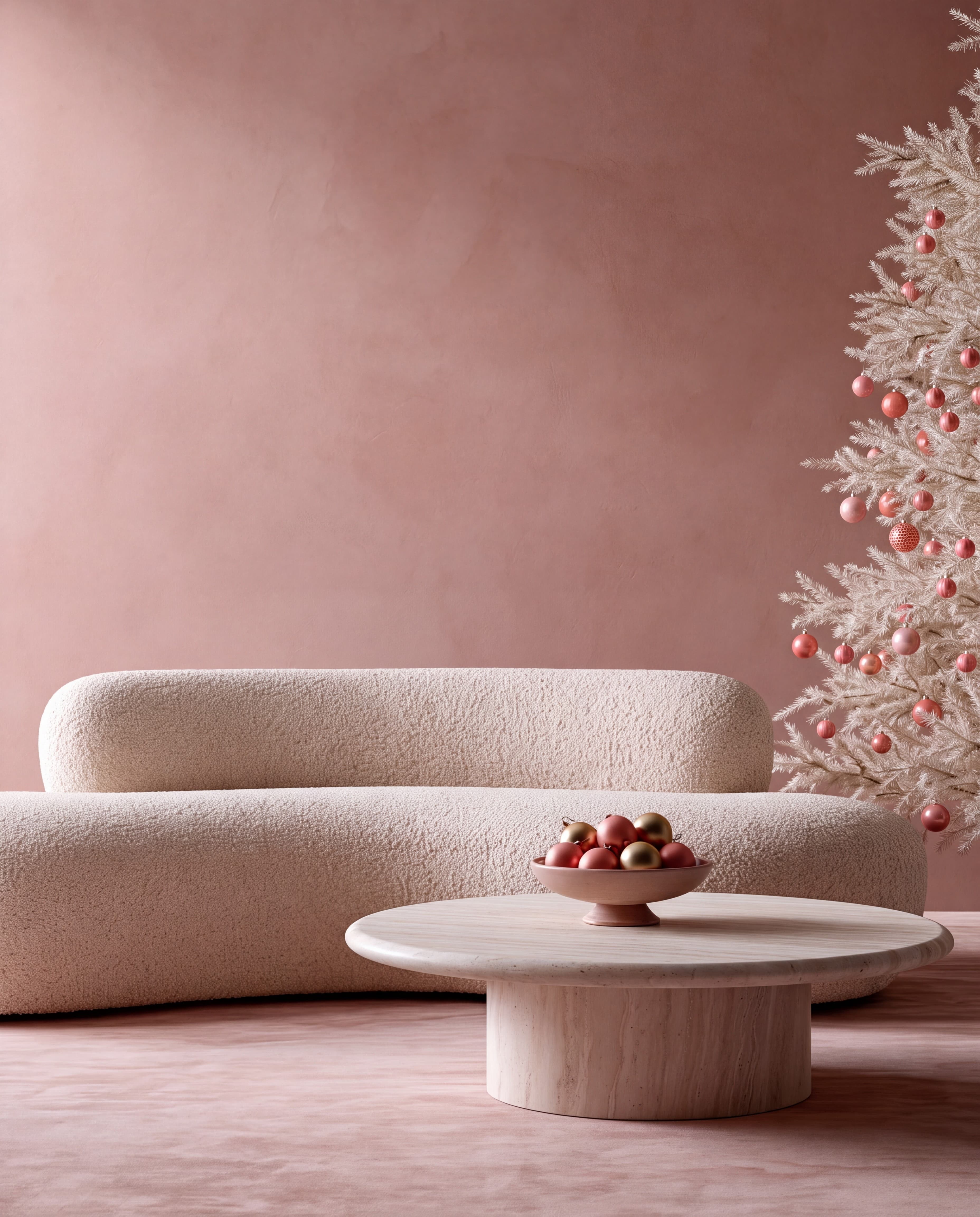 Contemporary pink Christmas living room with a blush plaster wall, curved boucle sofa, and pink ornament tree, ranked 16 among christmas mockups