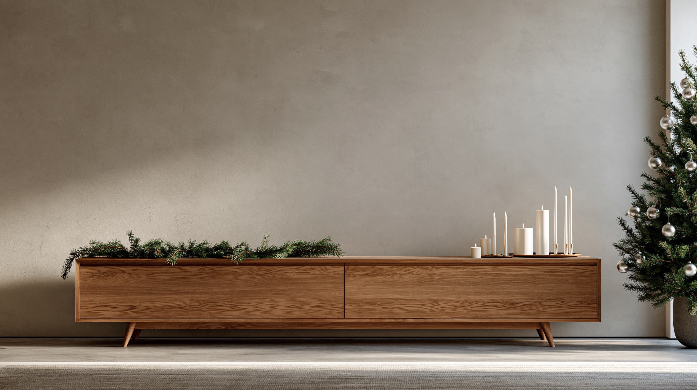 Modern Christmas living room with a light gray microcement wall above a low oak media console and silver ornament tree, ranked 5 among christmas mockups