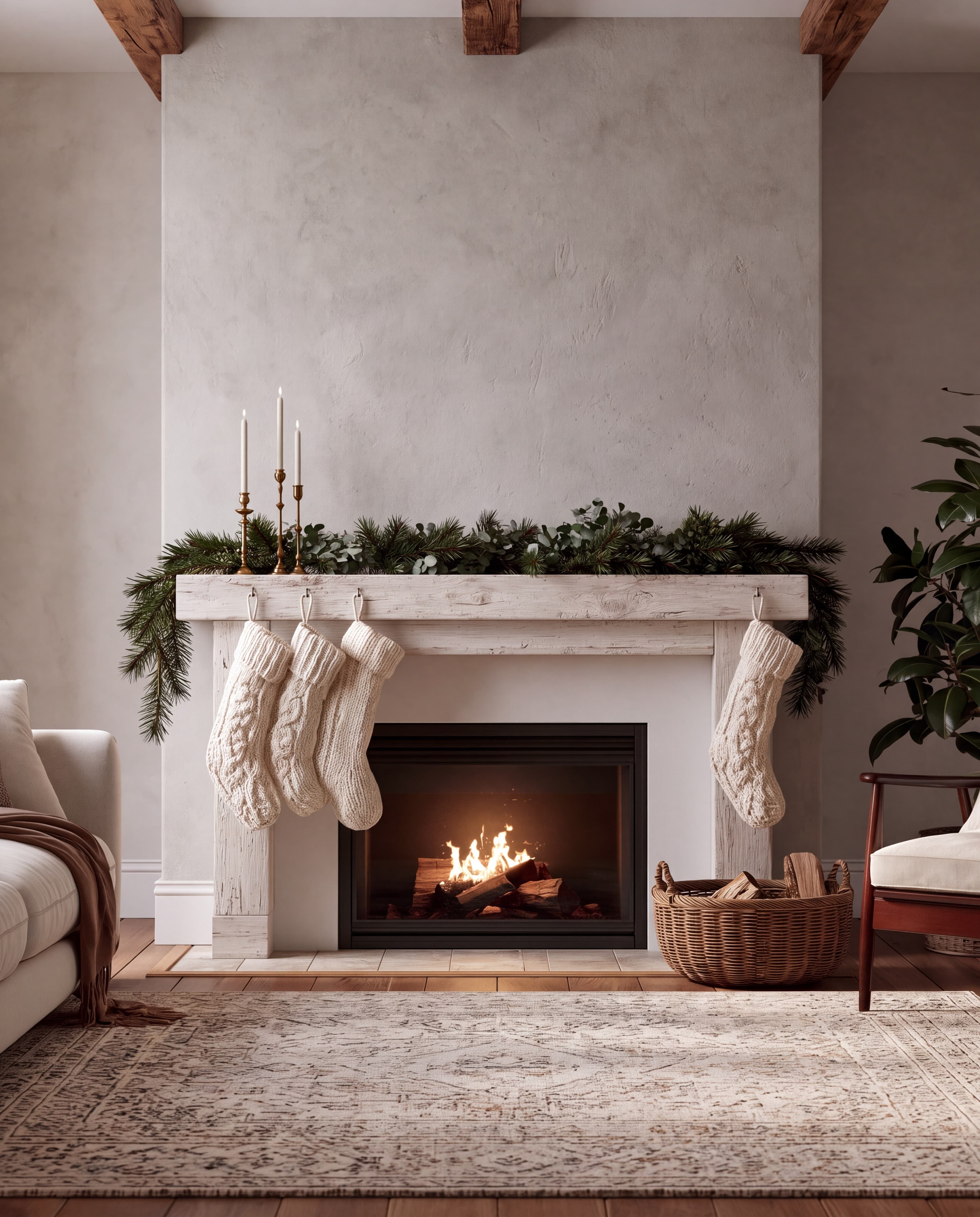 Farmhouse Christmas living room with a greige limewash chimney breast, pine garland mantel, and knit stockings, ranked 13 among christmas mockups