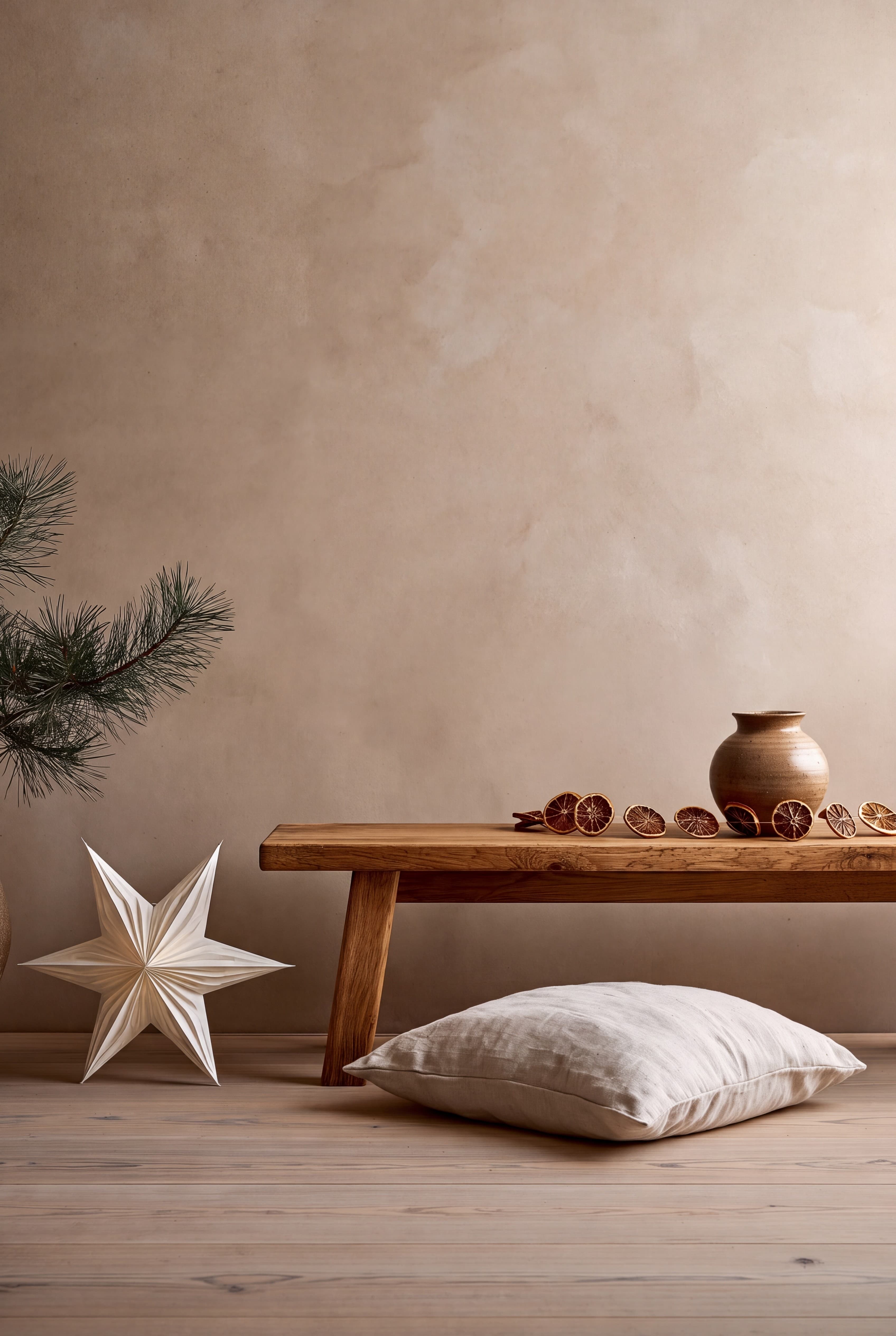 Japandi natural Christmas living room with a taupe clay wall, oak bench, dried orange garland, and paper star, ranked 17 among christmas mockups