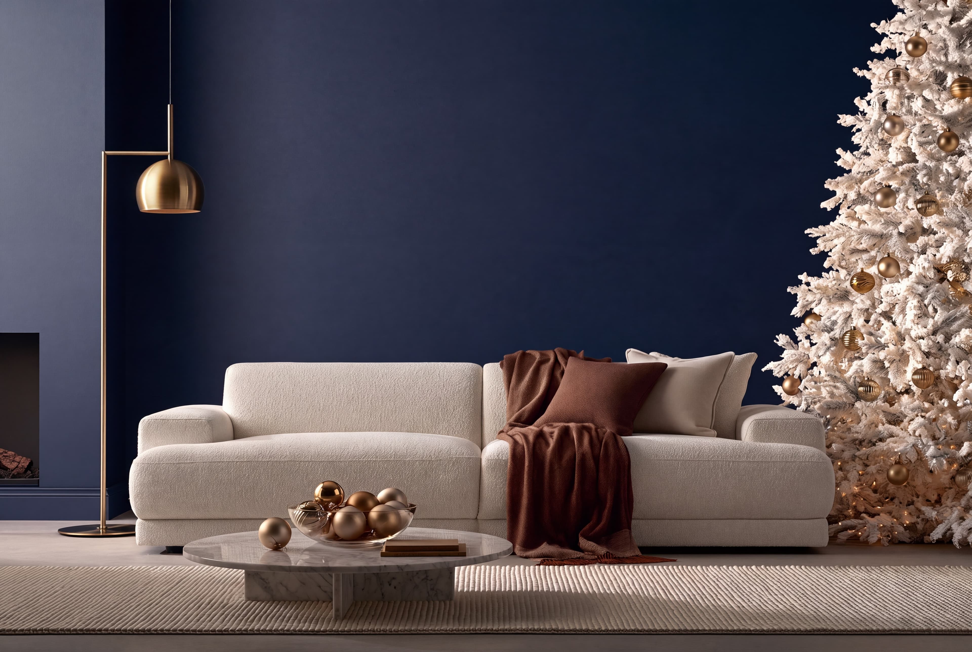 Luxury Christmas living room with a deep navy wall, cream boucle sofa, gold baubles, and flocked white tree, ranked 2 among christmas mockups