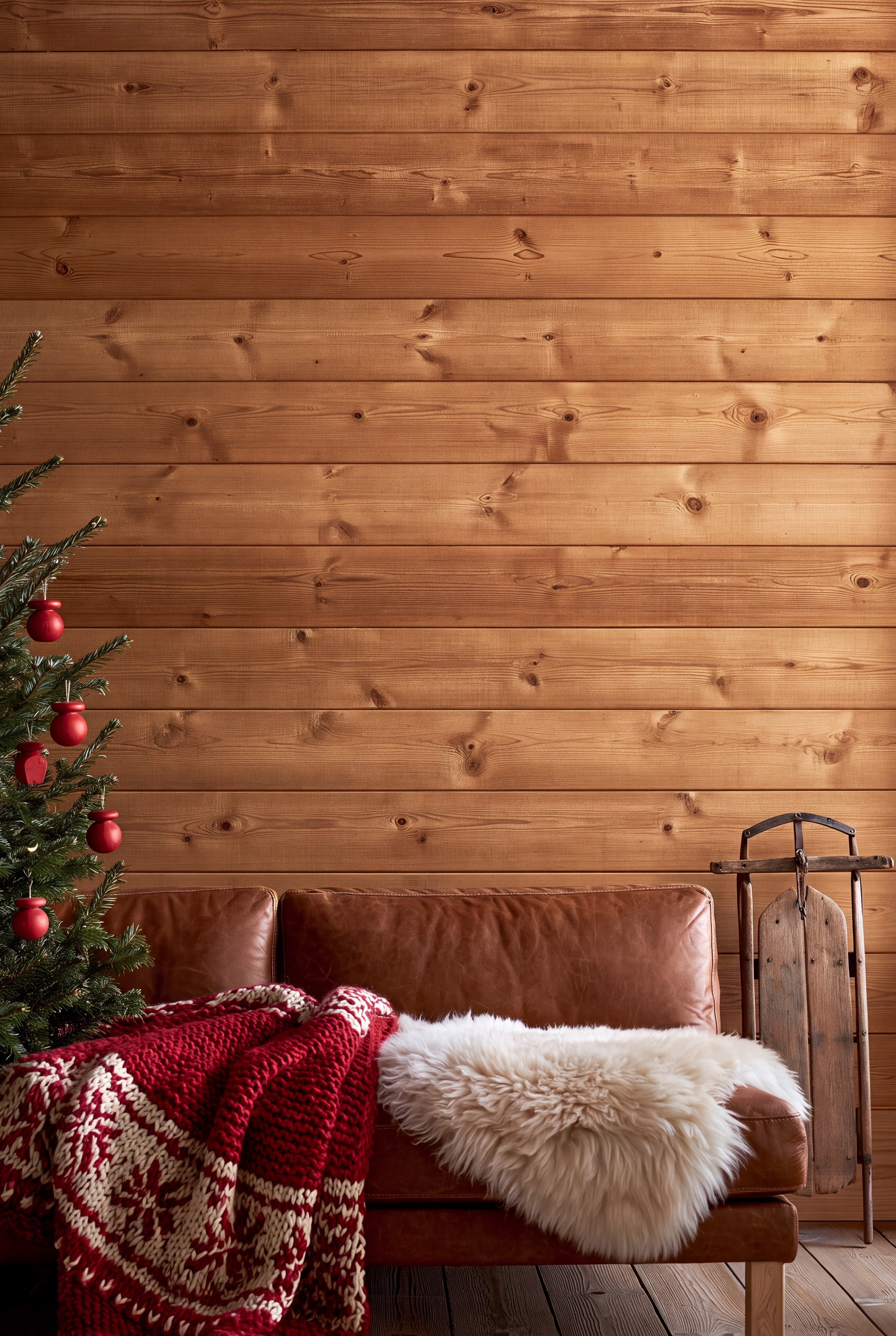 Alpine cabin Christmas living room with a honey pine plank wall, leather sofa, Nordic knit blanket, and wooden sled, ranked 8 among christmas mockups