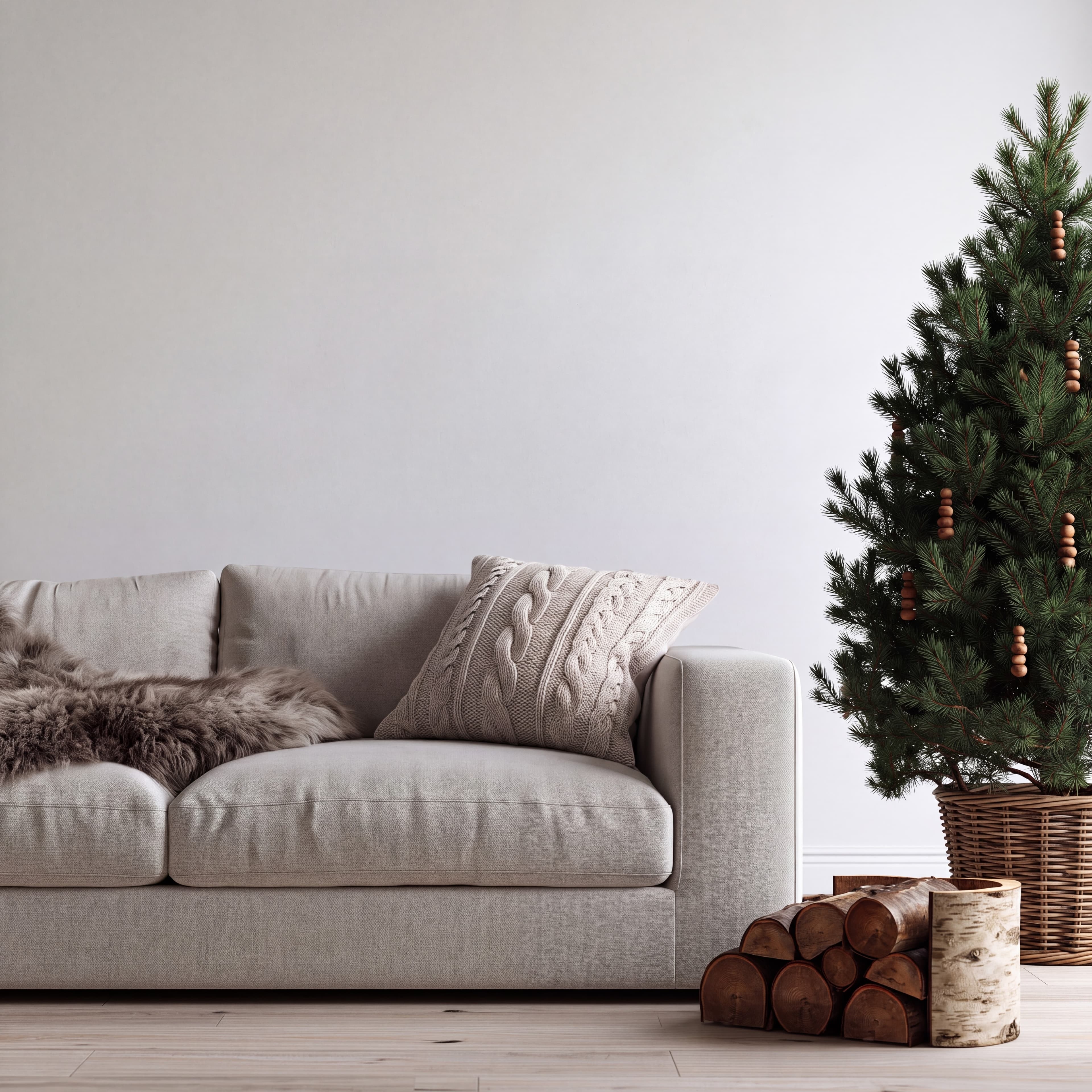 Scandinavian Christmas living room with a soft white wall, gray sofa, sheepskin, and potted spruce with wooden beads, ranked 12 among christmas mockups
