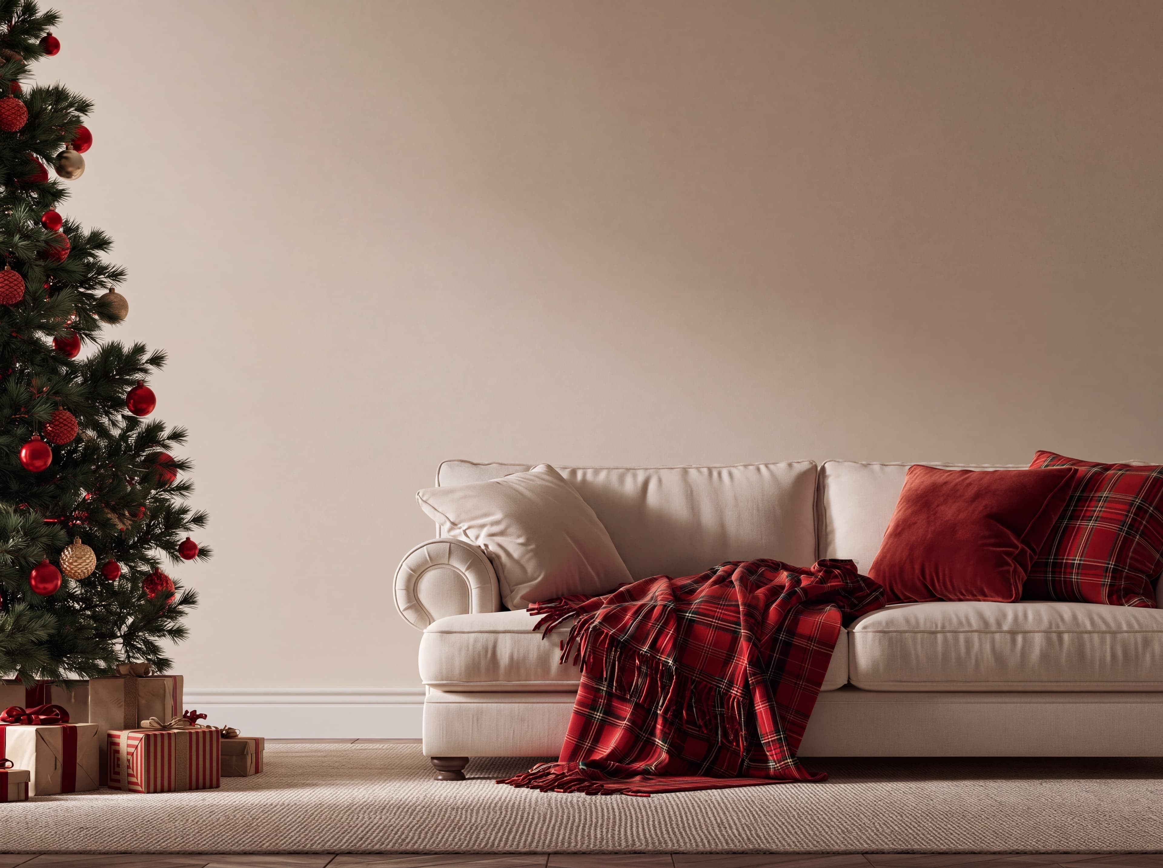Traditional Christmas living room with a warm beige wall, cream rolled-arm sofa, red tartan throw, and decorated fir tree, ranked 1 among christmas mockups