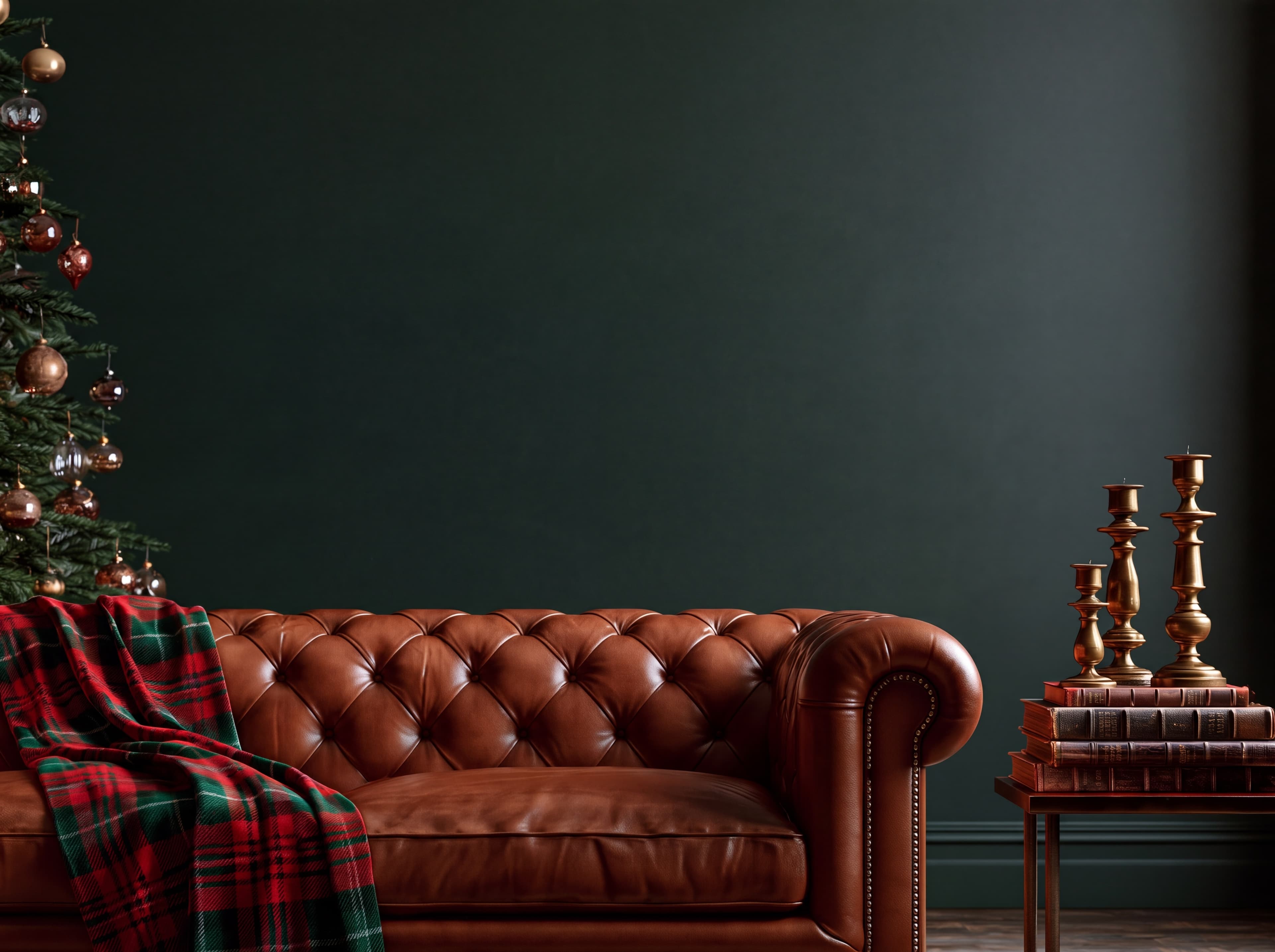 Moody Christmas sitting room with a dark green wall, cognac chesterfield, tartan blanket, and vintage ornament tree, ranked 15 among christmas mockups