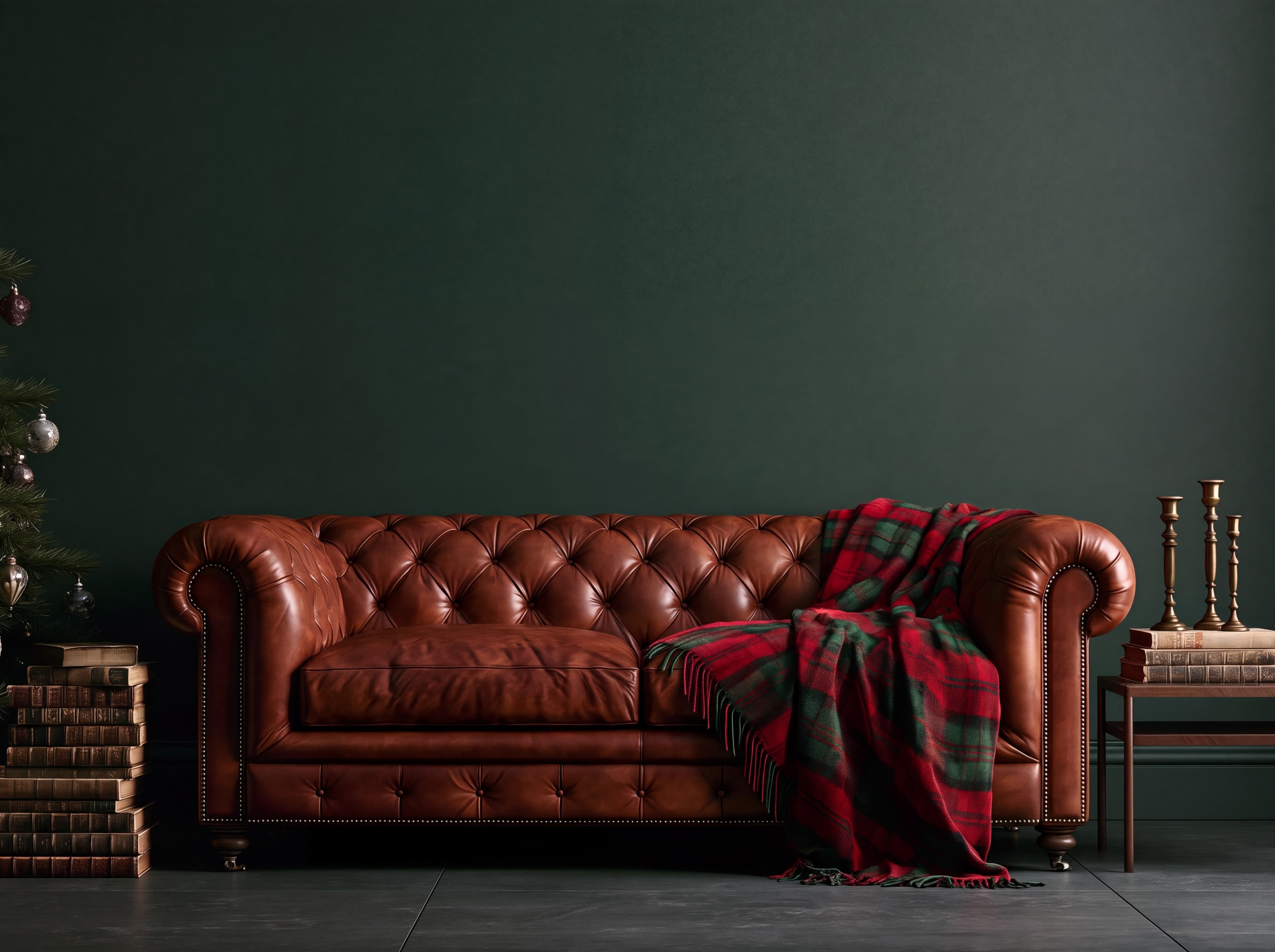 Moody Christmas sitting room with a forest green wall, cognac chesterfield, tartan throw, and brass candlesticks, ranked 14 among christmas mockups
