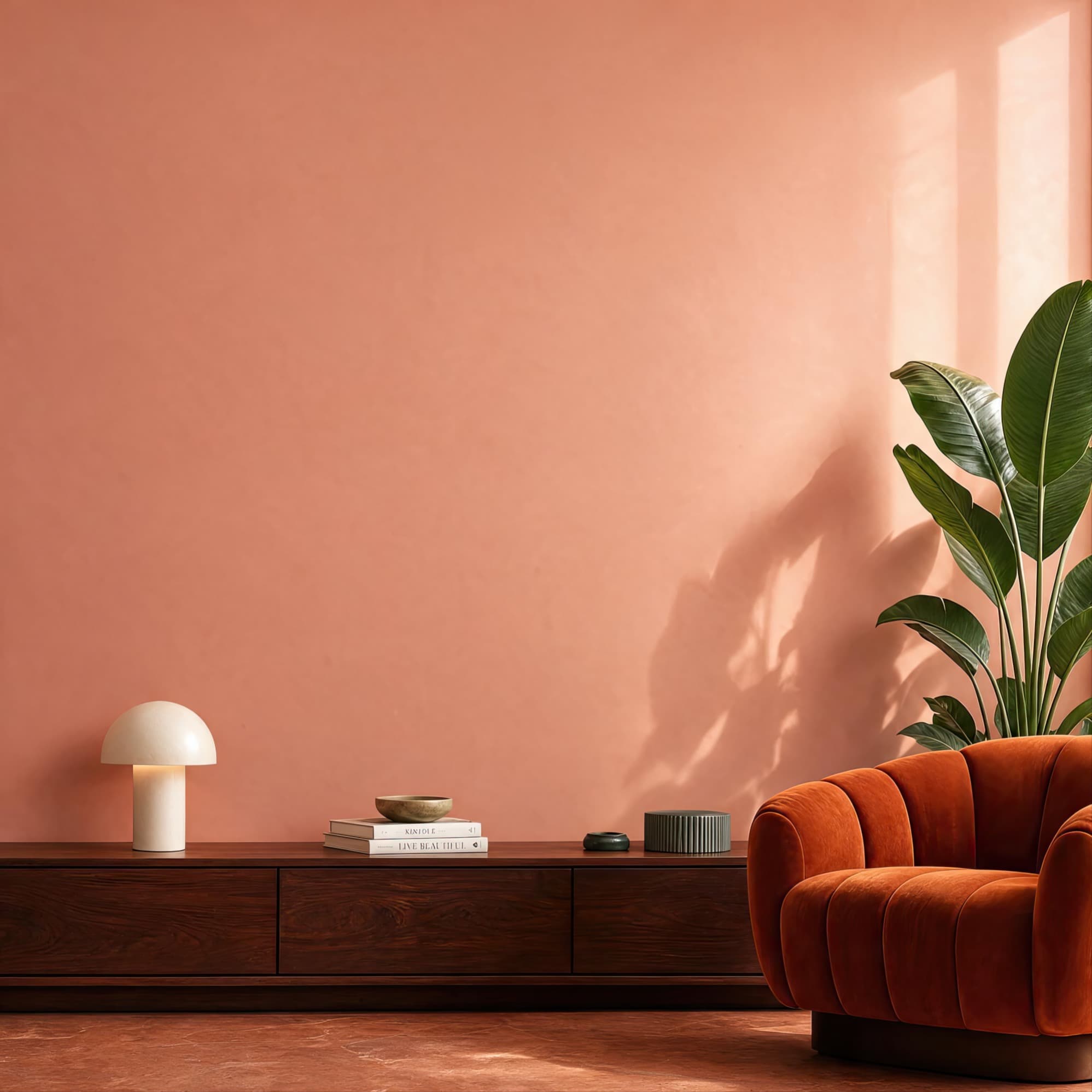 Warm dusty-coral living room wall with a rust velvet lounge chair and tropical greenery, ranked 9 among triptych mockups