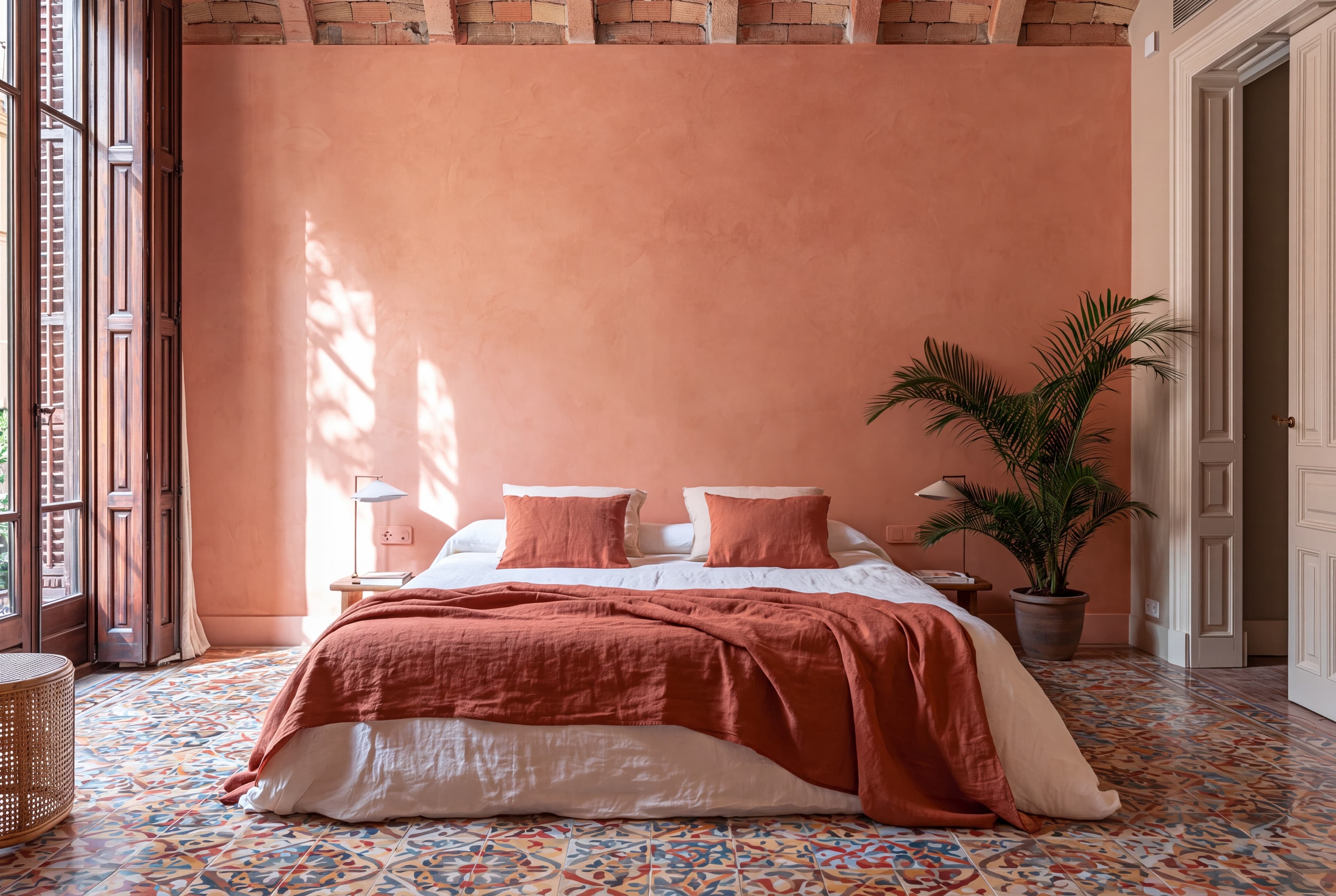 Barcelona Eixample bedroom with a coral plaster wall, Catalan brick vault, terracotta linen bedding, and modernista mosaic floor, ranked 17 among landscape poster mockups