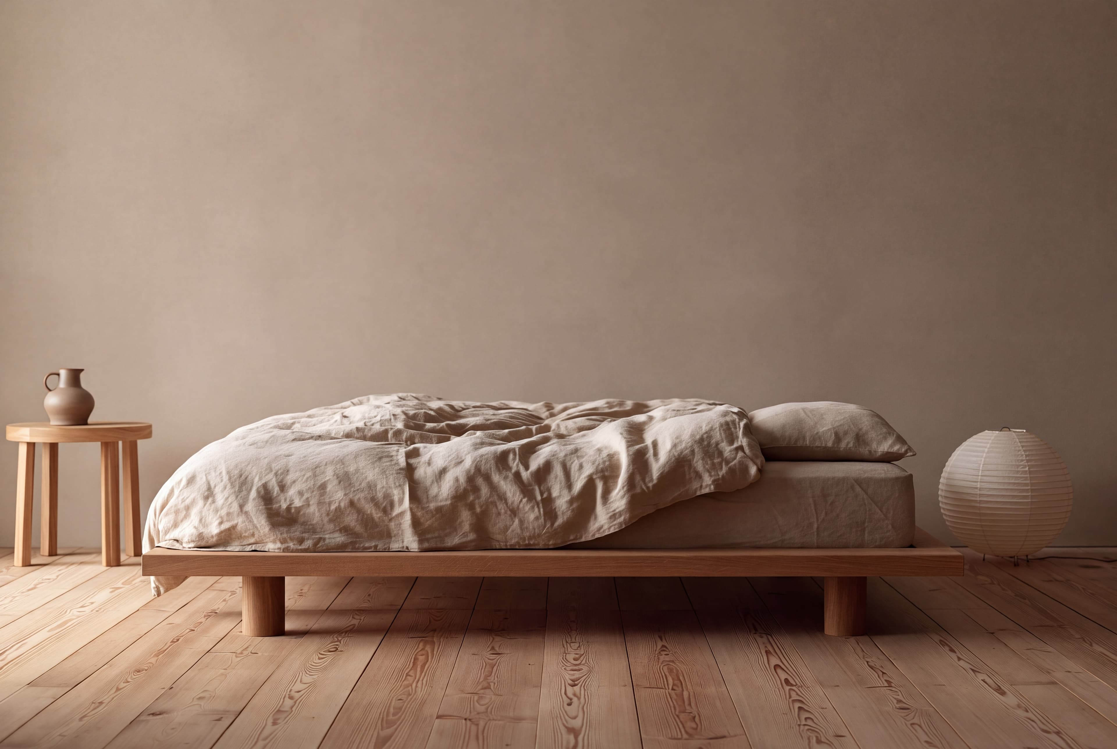 Danish bedroom with a warm taupe lime-painted wall, low oak bed with sand linen, and pleated paper lamp, ranked 14 among landscape poster mockups