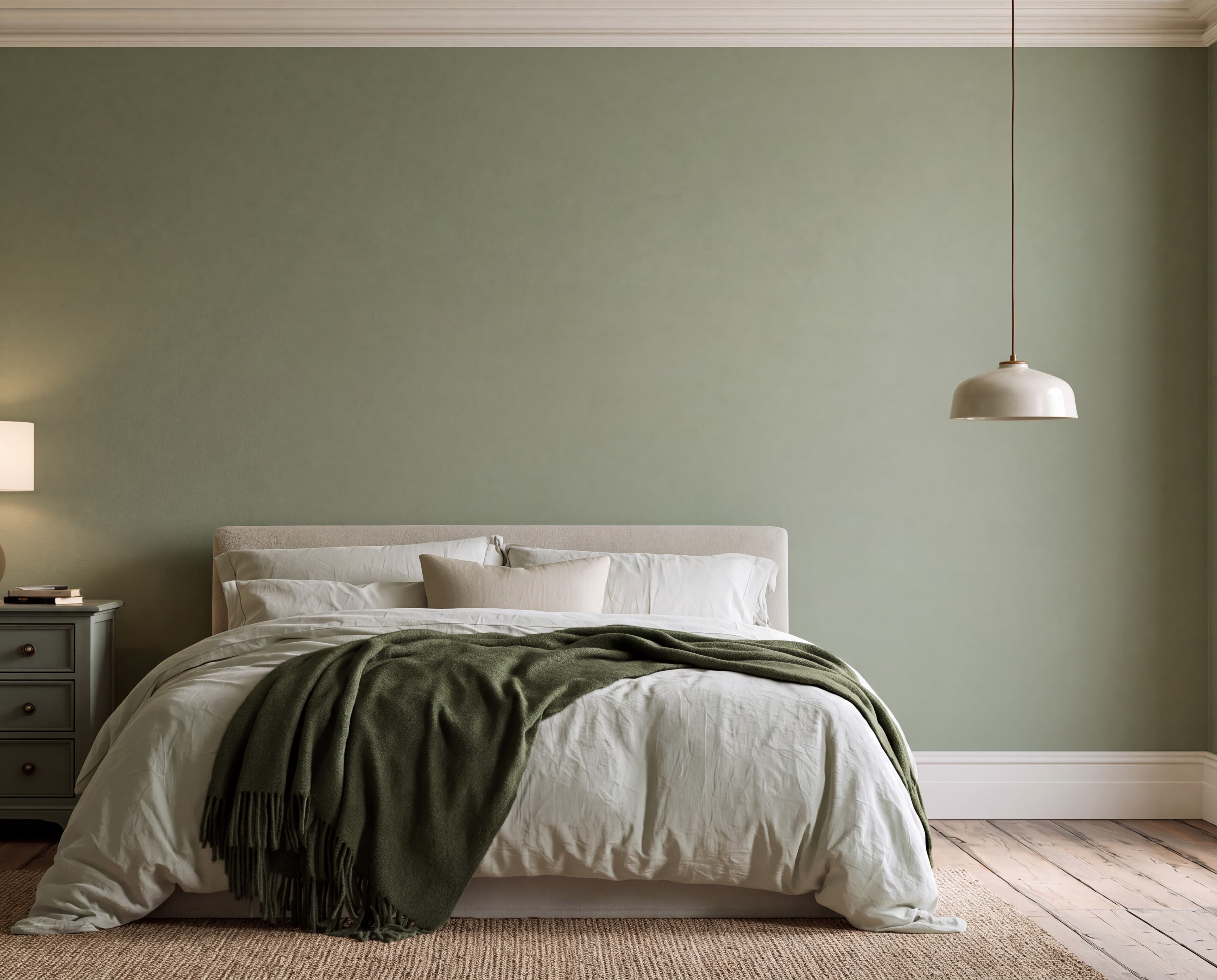 Dublin Georgian bedroom with a soft sage wall, plaster cornice, upholstered linen bed with a green wool throw, and pendant lamp, ranked 15 among landscape poster mockups