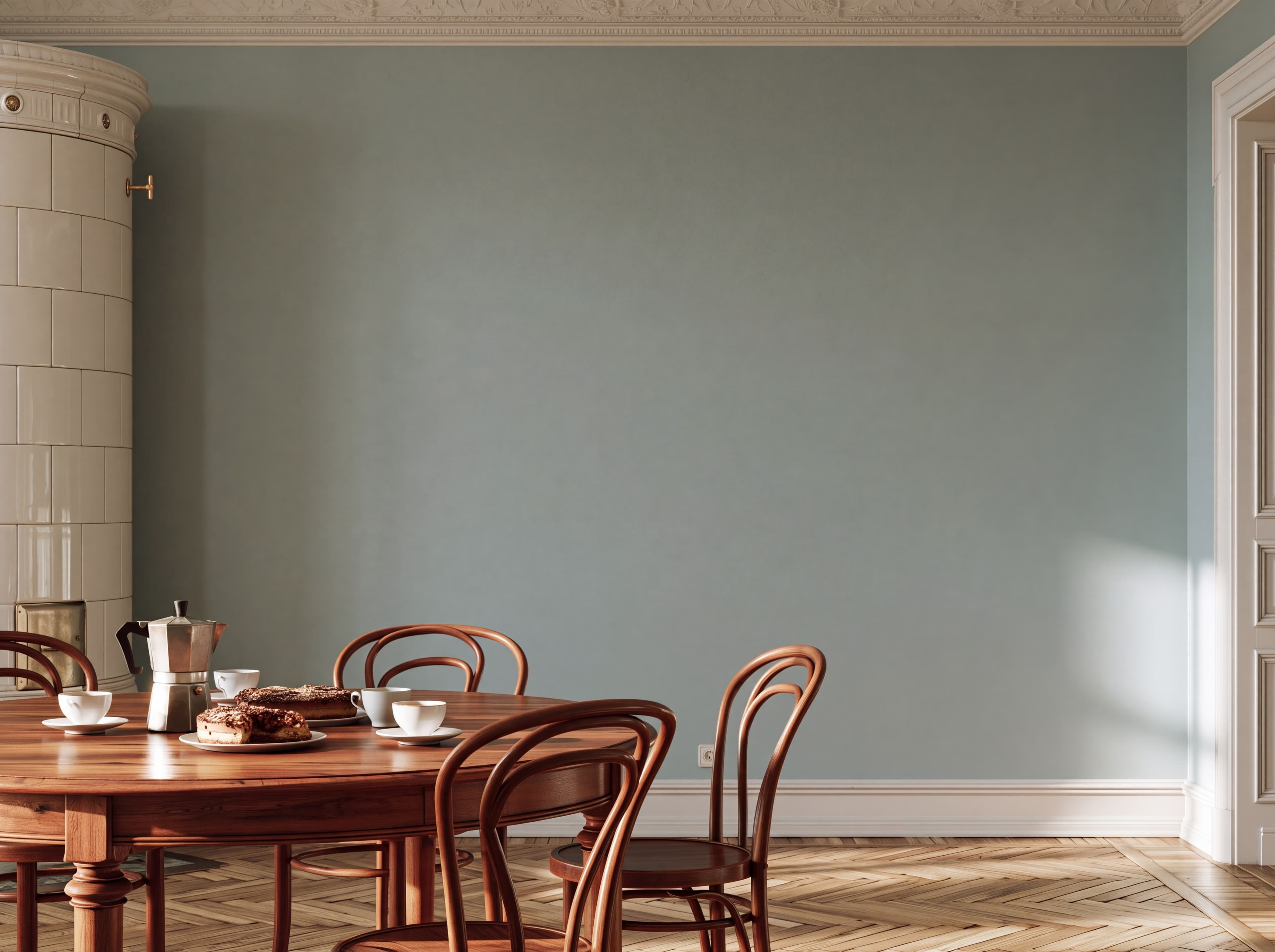 Leipzig Gruenderzeit dining room with a smoke blue wall, white tiled stove, round table with coffee and cake, and bentwood chairs, ranked 18 among landscape poster mockups