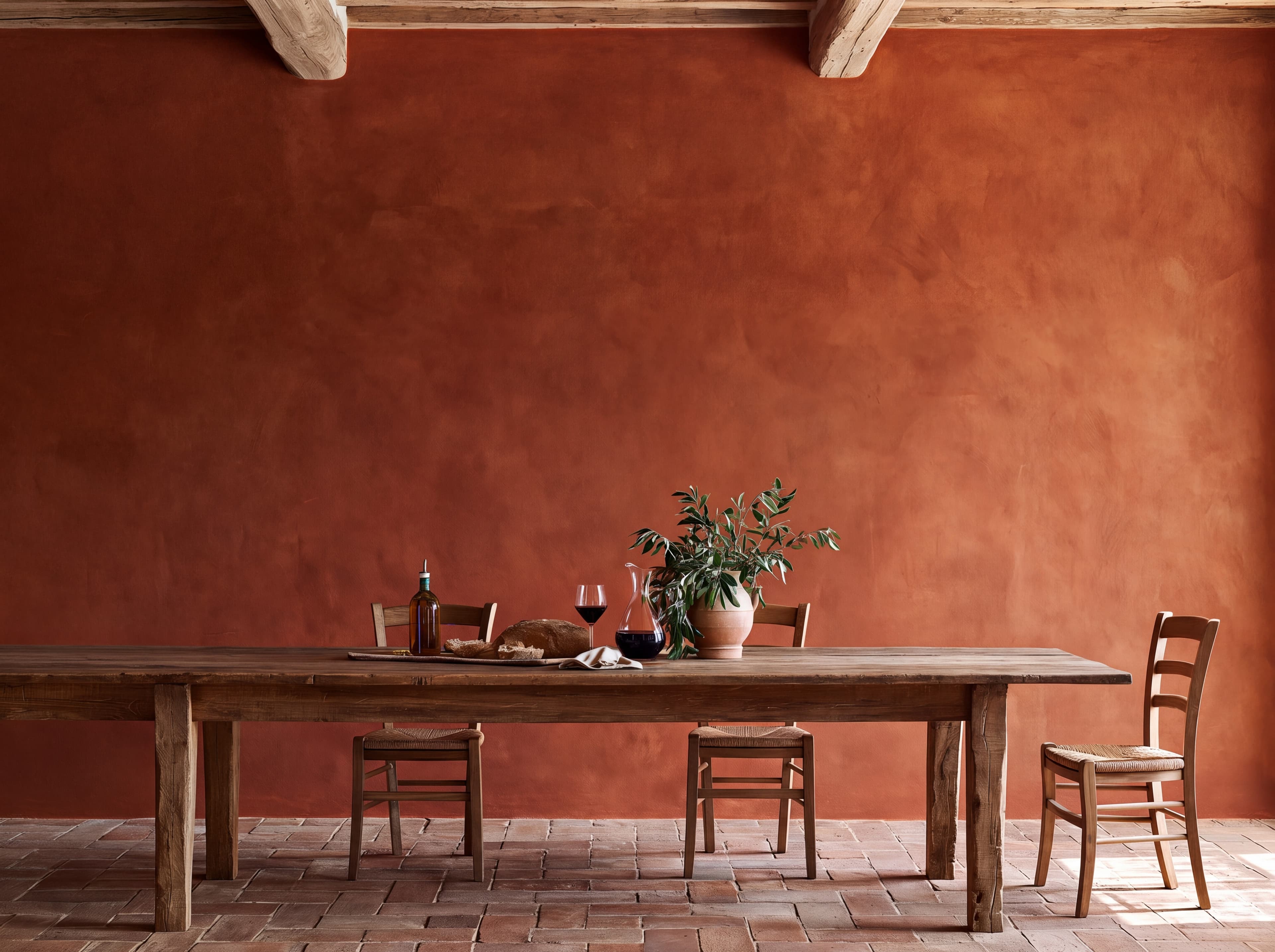 Tuscan farmhouse dining room with a terracotta limewash wall, chestnut beams, long rustic table with wine and olive branches, ranked 20 among landscape poster mockups
