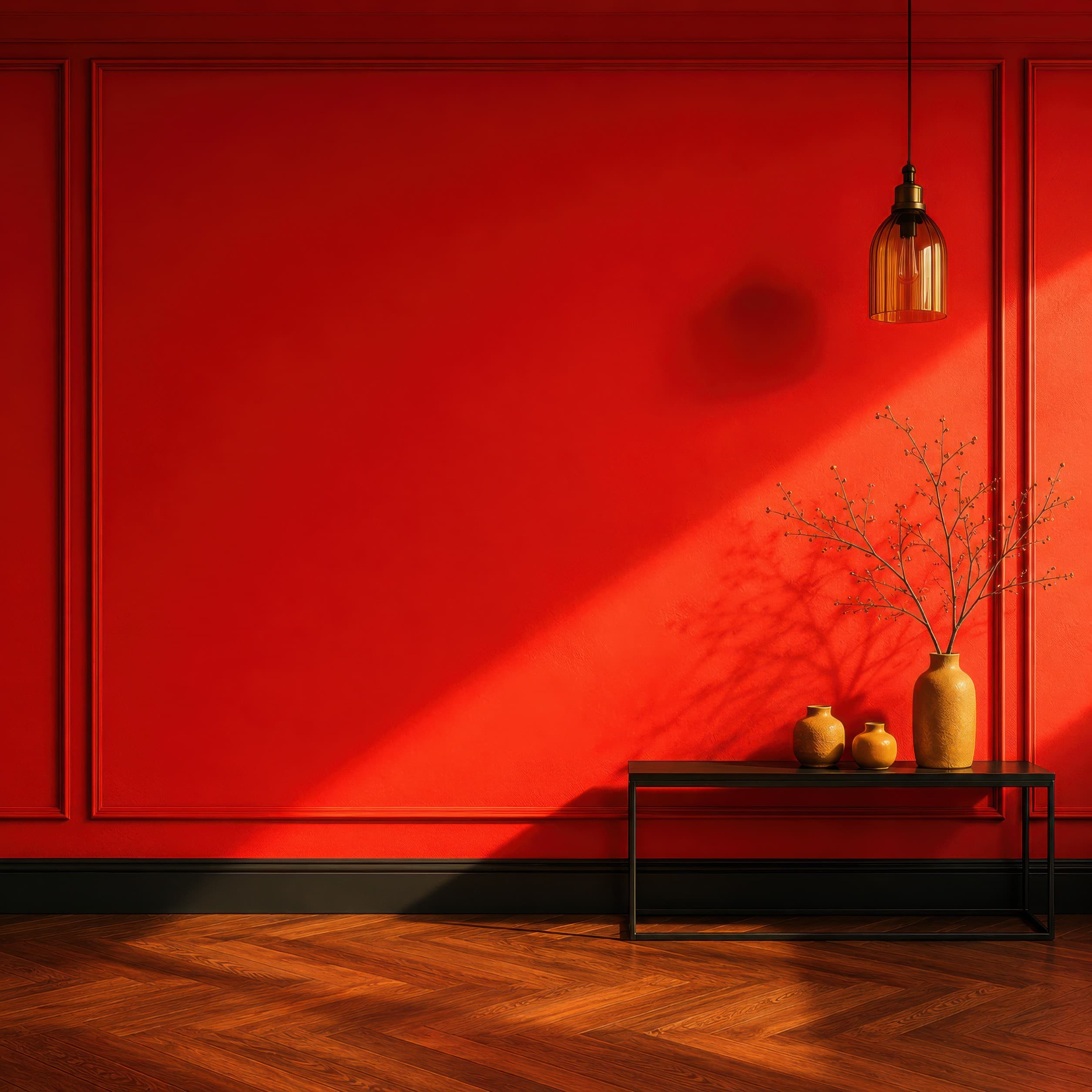 Bold modern gallery interior with an empty vivid red molded wall, dramatic sunlight, black console table, amber pendant, and golden ceramic vases, ranked 5 among exhibition mockups